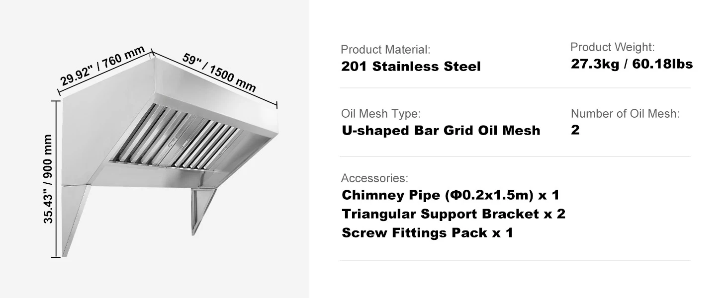 SucceBuy 4/5/6/7/8/9FT Commercial Exhaust 201 Stainless Steel Concession Hood Under Cabinet Range Hood Kitchen Vent Hood Sliver