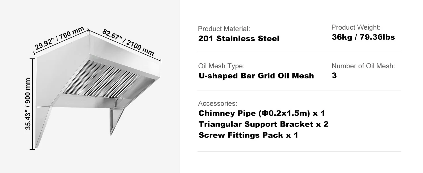 SucceBuy 4/5/6/7/8/9FT Commercial Exhaust 201 Stainless Steel Concession Hood Under Cabinet Range Hood Kitchen Vent Hood Sliver