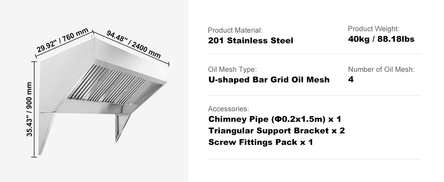 SucceBuy 4/5/6/7/8/9FT Commercial Exhaust 201 Stainless Steel Concession Hood Under Cabinet Range Hood Kitchen Vent Hood Sliver
