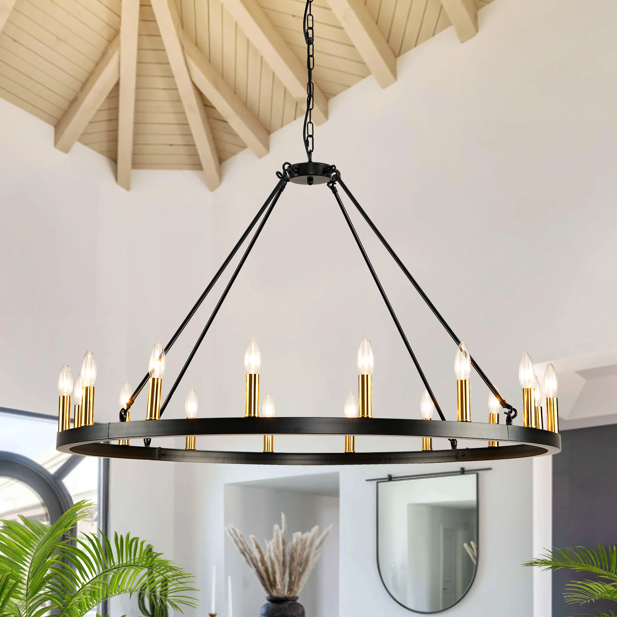 16-Light Wagon Wheel Chandelier Round Matte 43 inch Modern Rustic Farmhouse Pendant Light Large Chandeliers for Living Room