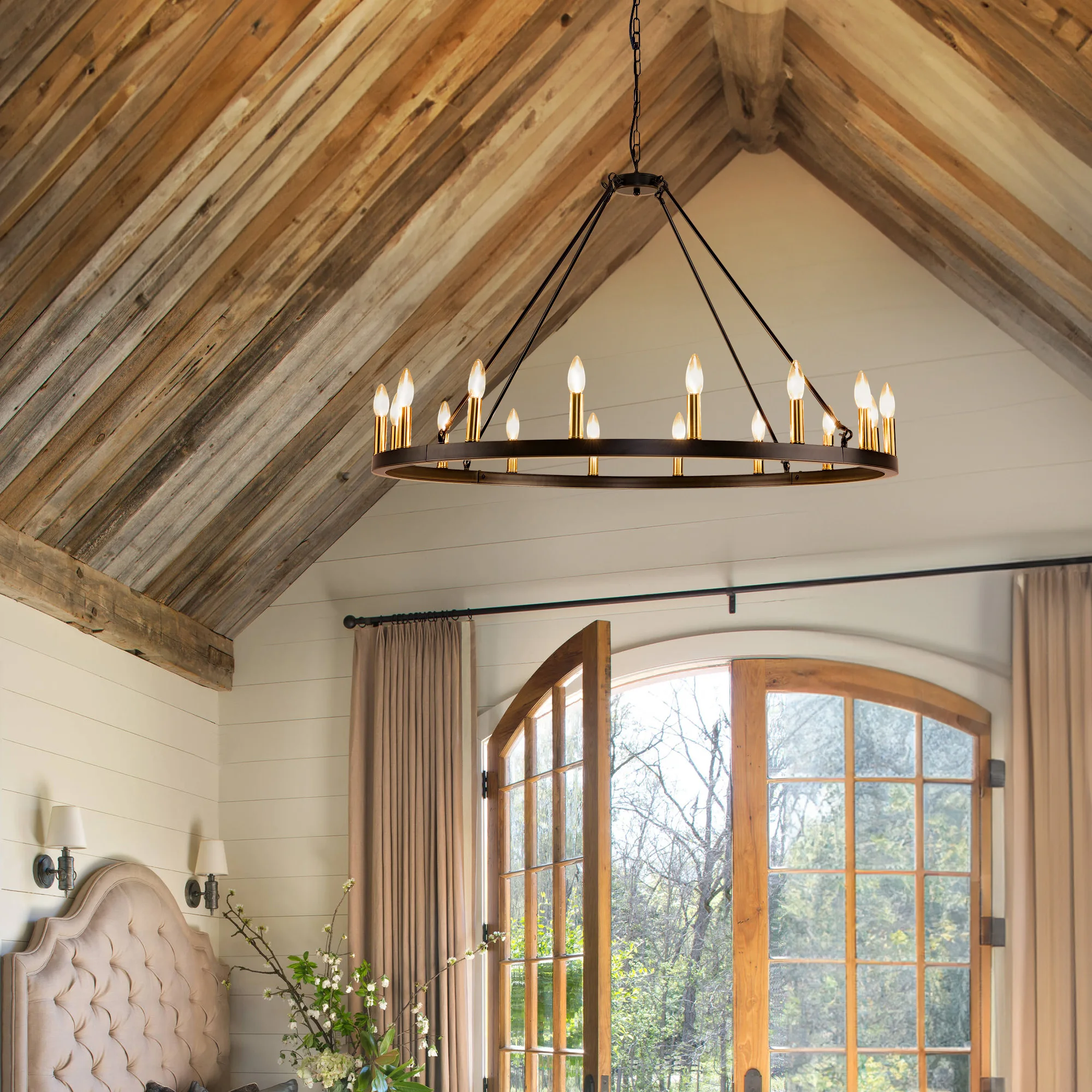 16-Light Wagon Wheel Chandelier Round Matte 43 inch Modern Rustic Farmhouse Pendant Light Large Chandeliers for Living Room