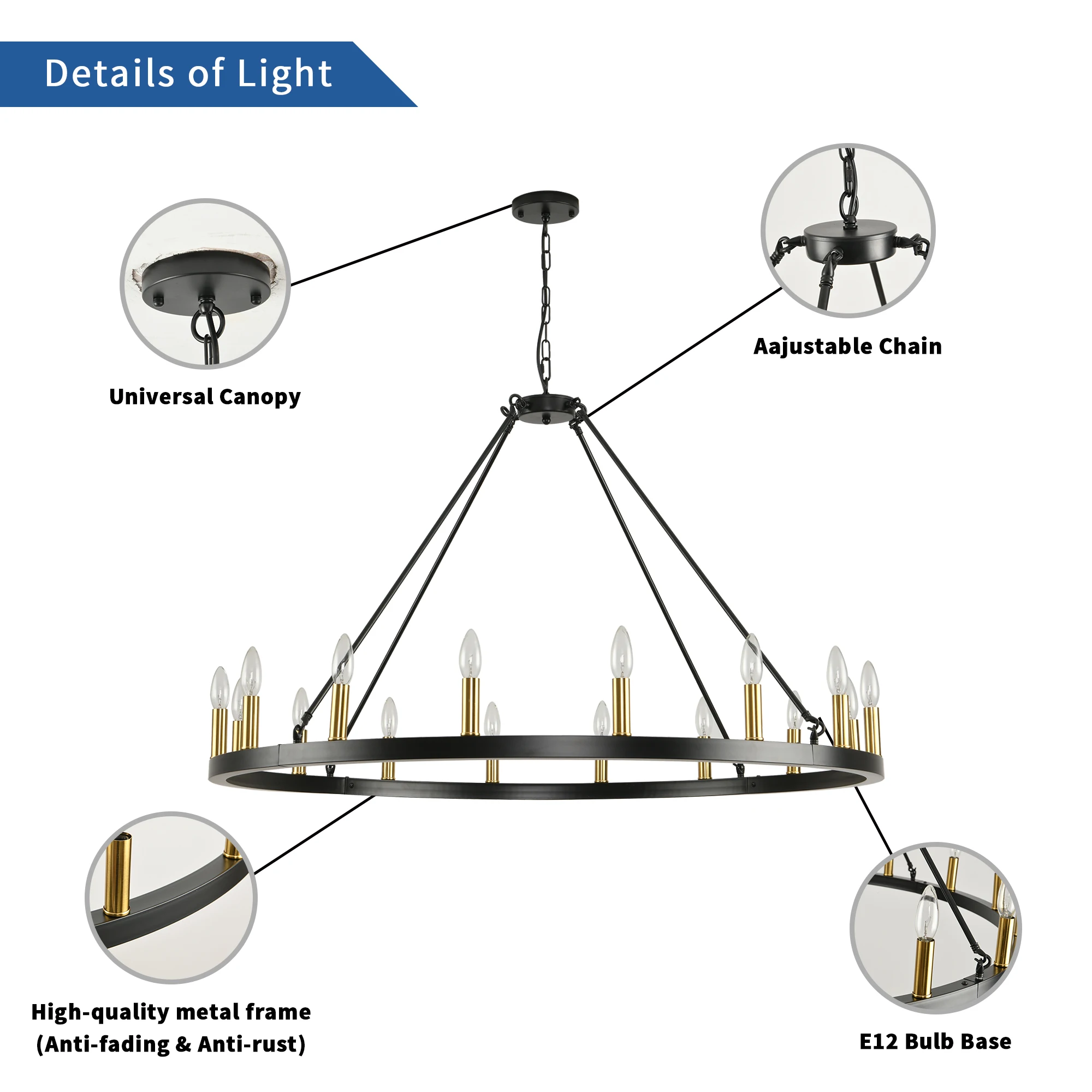 16-Light Wagon Wheel Chandelier Round Matte 43 inch Modern Rustic Farmhouse Pendant Light Large Chandeliers for Living Room