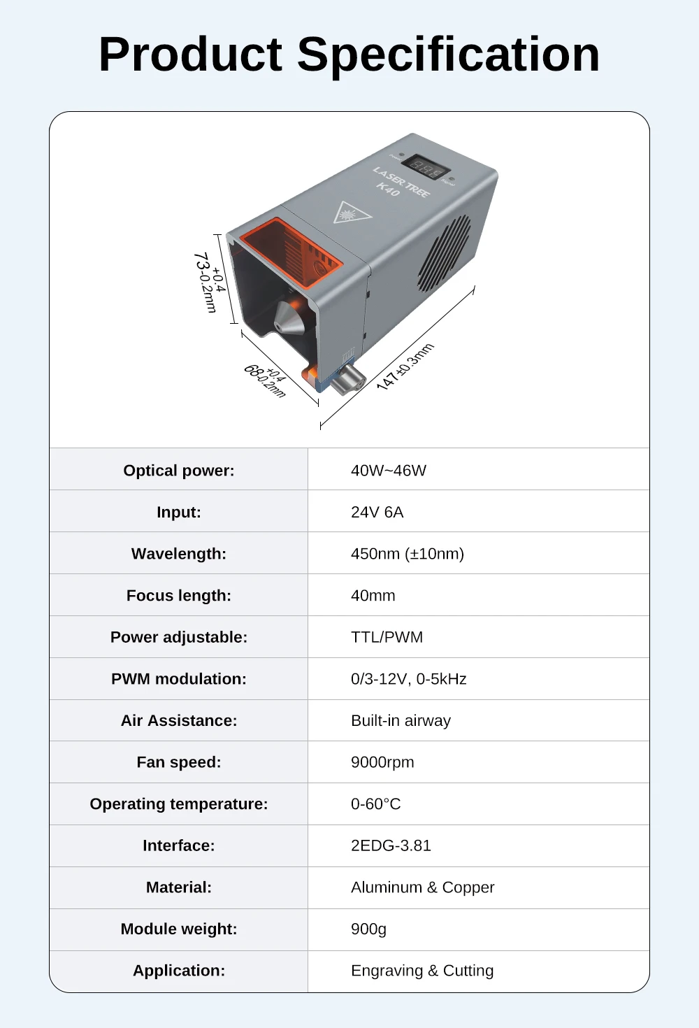 LASER TREE 40W Laser Module with Air Assist 8pcs Diodes 450nm TTL Blue Light Laser Head for Laser Engraver Cutter Tools