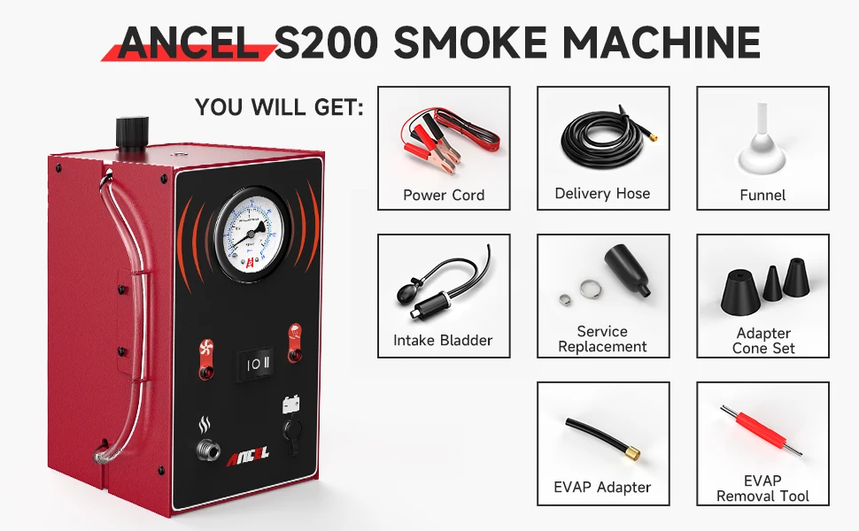 ANCEL S200 EVAP Smoke Leak Detector for Car Motorcycle Smoke Machine Diagnostic Tool Vacuum Tester Oil Fuel Pipe Leakage Locator