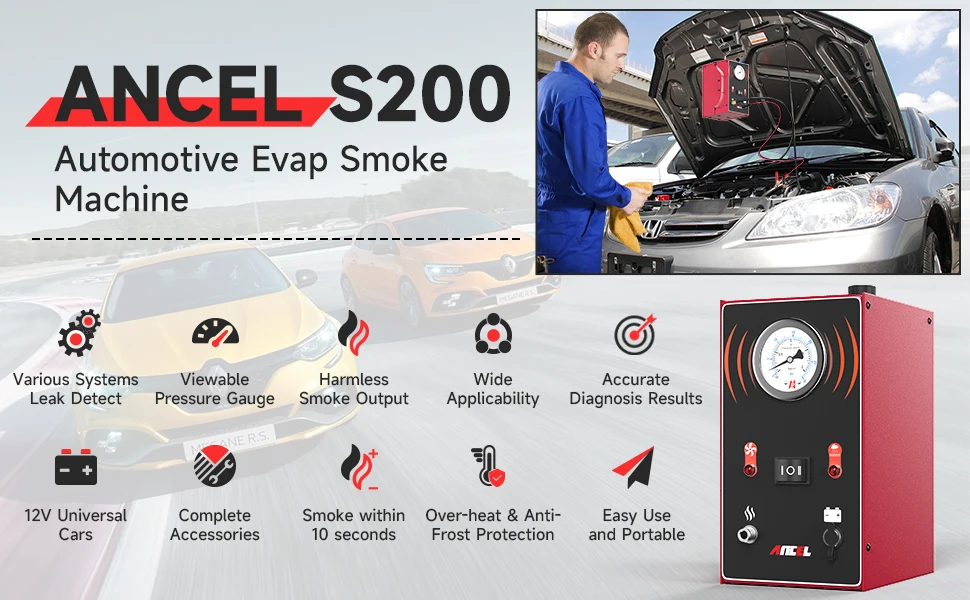 ANCEL S200 EVAP Smoke Leak Detector for Car Motorcycle Smoke Machine Diagnostic Tool Vacuum Tester Oil Fuel Pipe Leakage Locator