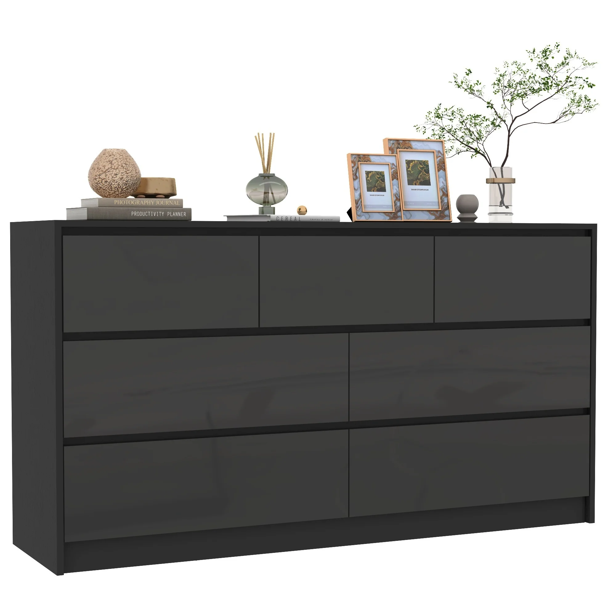 7 Drawer Dresser for Bedroom, 55 Inch Modern Dresser with High Gloss Drawers, Large Wood Chest of Drawer, White/Black