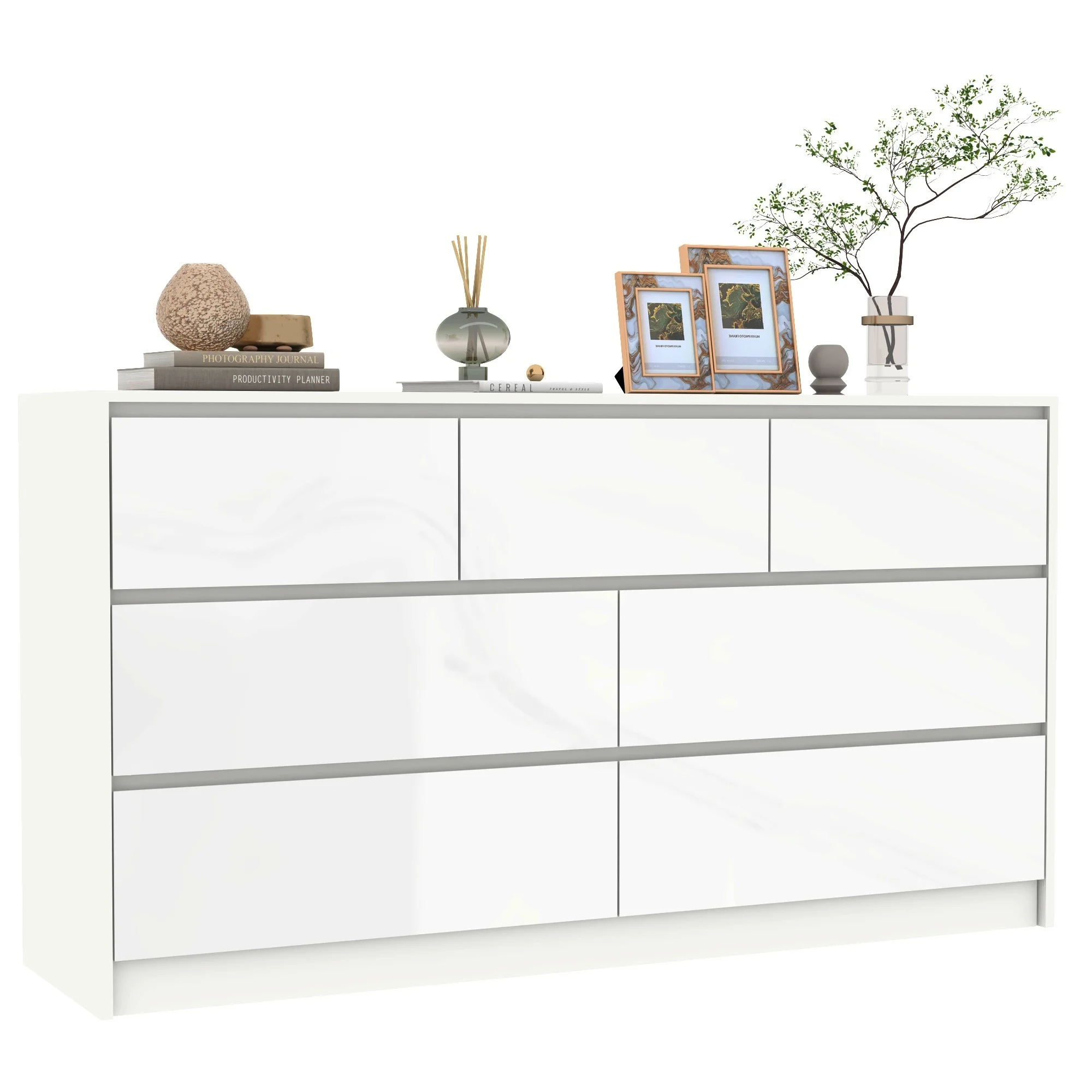 7 Drawer Dresser for Bedroom, 55 Inch Modern Dresser with High Gloss Drawers, Large Wood Chest of Drawer, White/Black