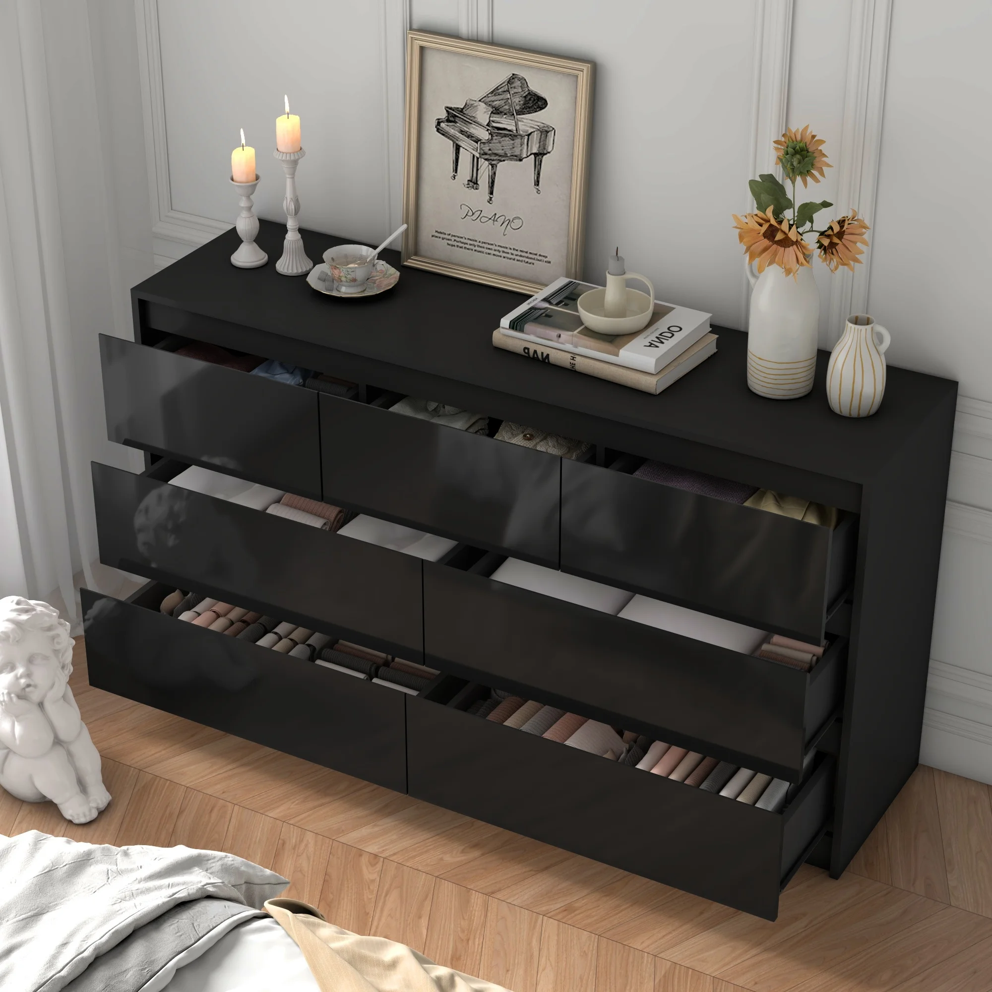 7 Drawer Dresser for Bedroom, 55 Inch Modern Dresser with High Gloss Drawers, Large Wood Chest of Drawer, White/Black