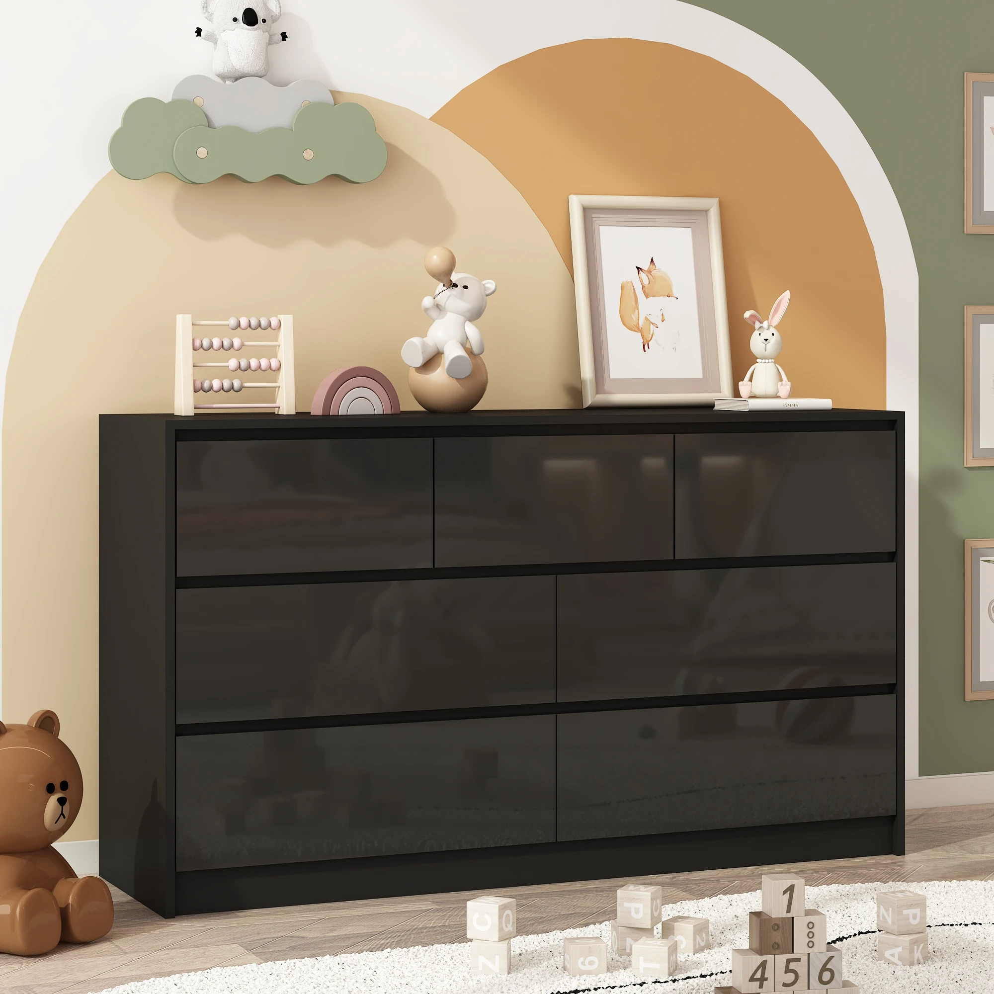 7 Drawer Dresser for Bedroom, 55 Inch Modern Dresser with High Gloss Drawers, Large Wood Chest of Drawer, White/Black