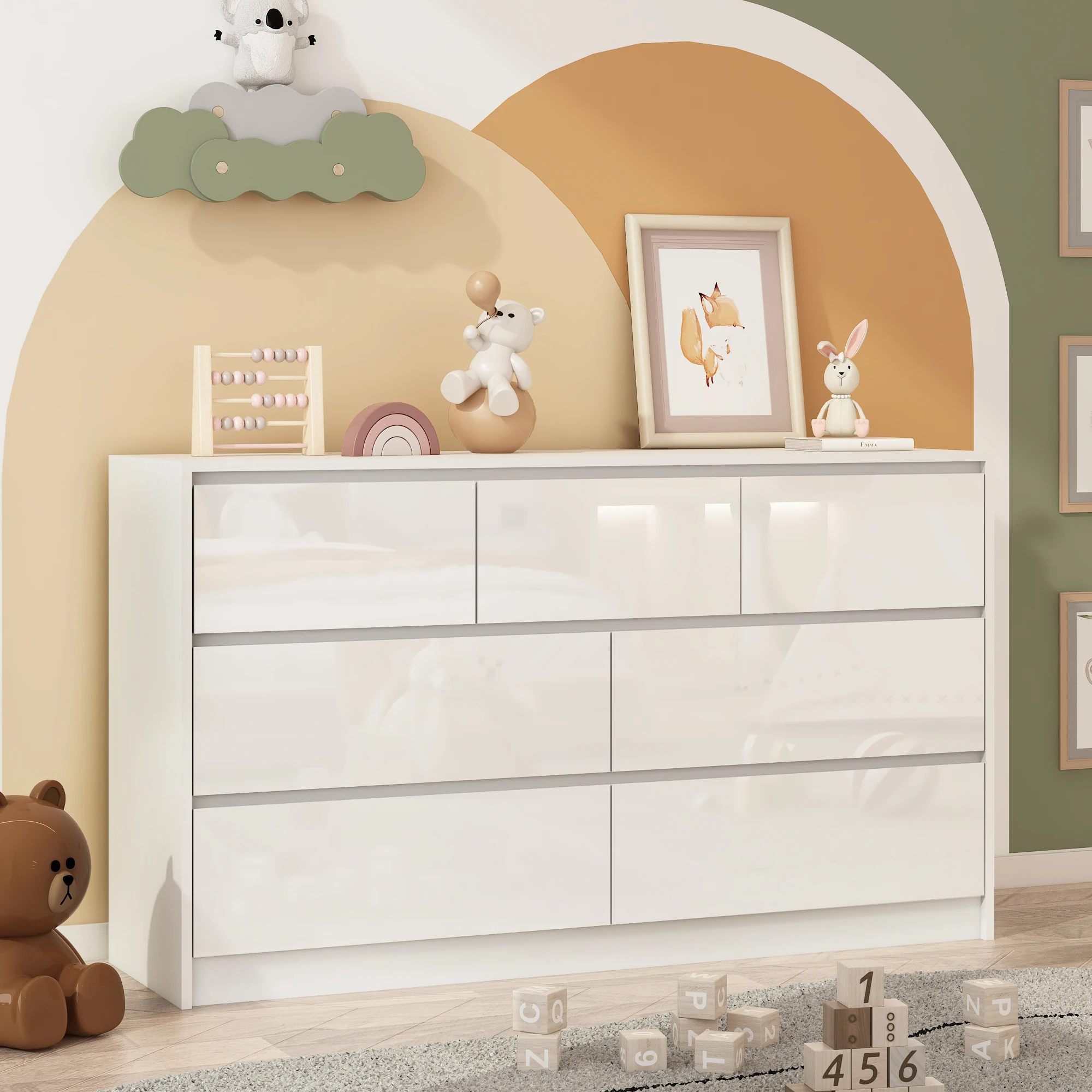 7 Drawer Dresser for Bedroom, 55 Inch Modern Dresser with High Gloss Drawers, Large Wood Chest of Drawer, White/Black