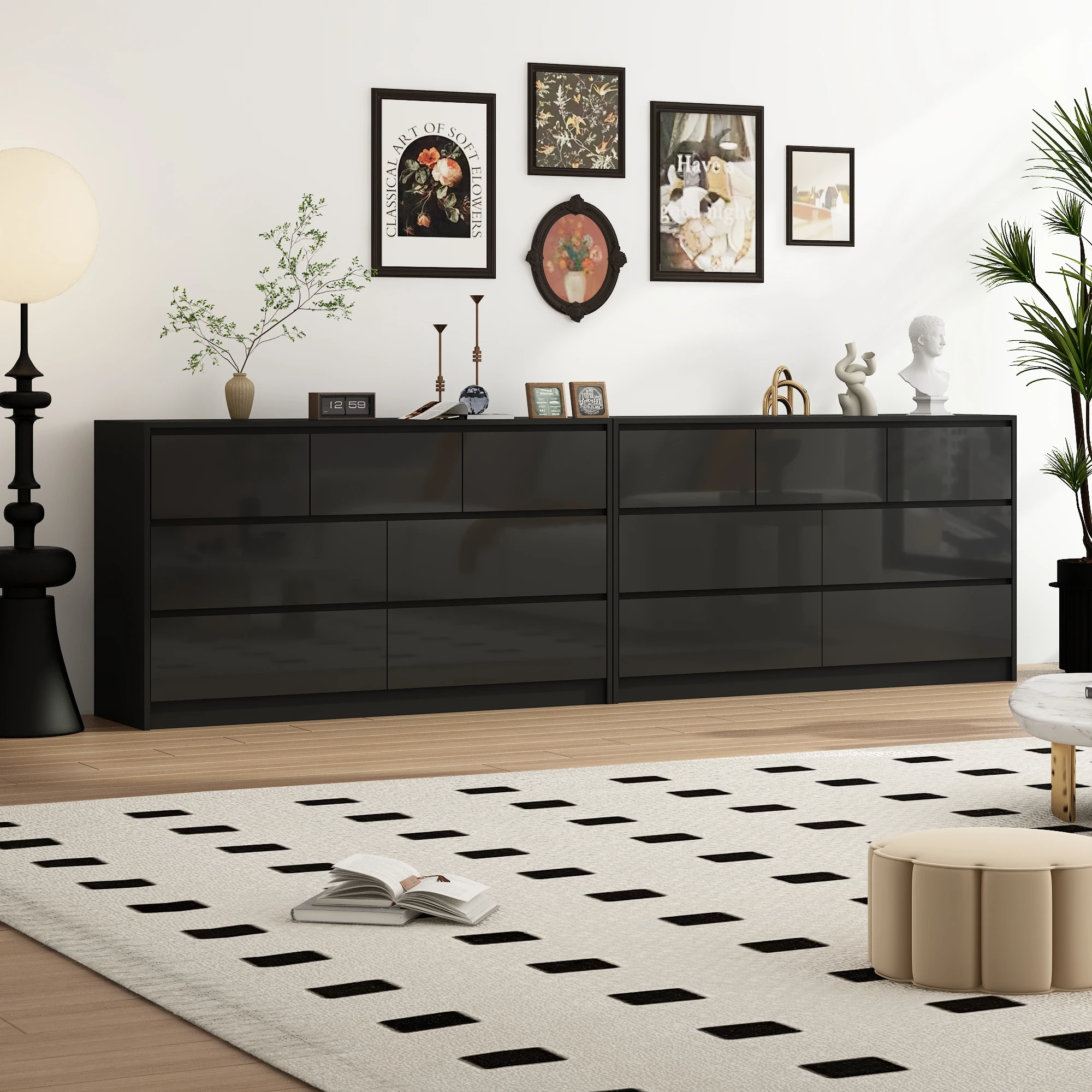 7 Drawer Dresser for Bedroom, 55 Inch Modern Dresser with High Gloss Drawers, Large Wood Chest of Drawer, White/Black