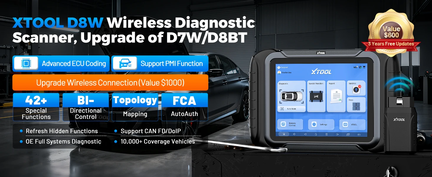 XTOOL D8W BT OBD2 Diagnostic Tool ECU Coding Bluetooth Automotive Scanner VAG Guided Key Programming Topology Map with 42+ Reset