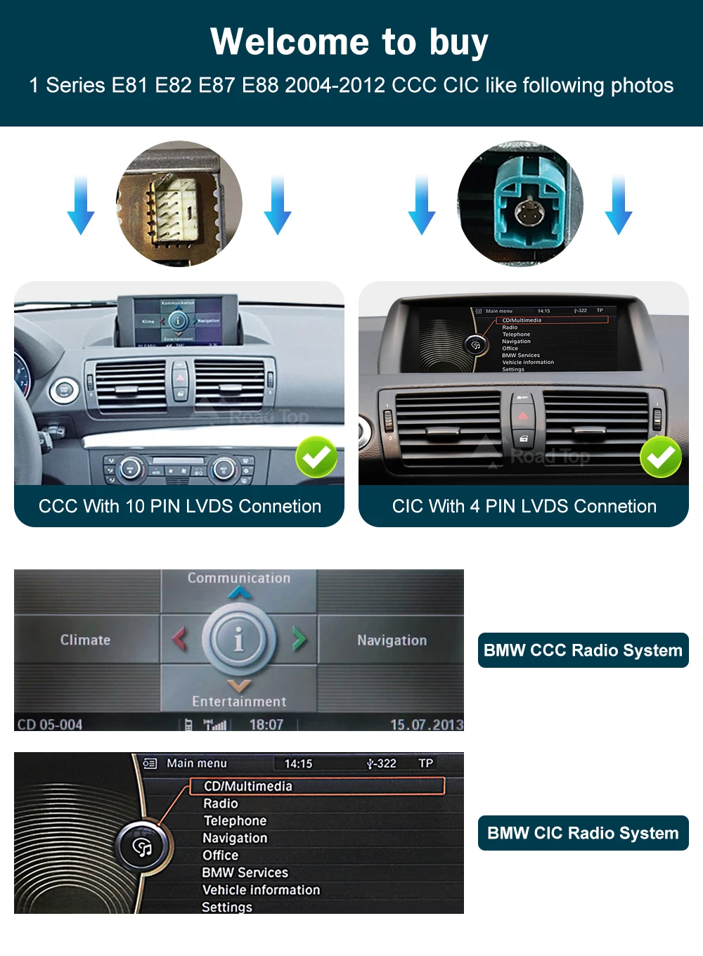 RoadTop 10.25'' 12.3'' Wireless CarPlay Android Auto For BMW Series 1 E81 E82 E87 E88 CCC CIC System Multimedia Display Screen