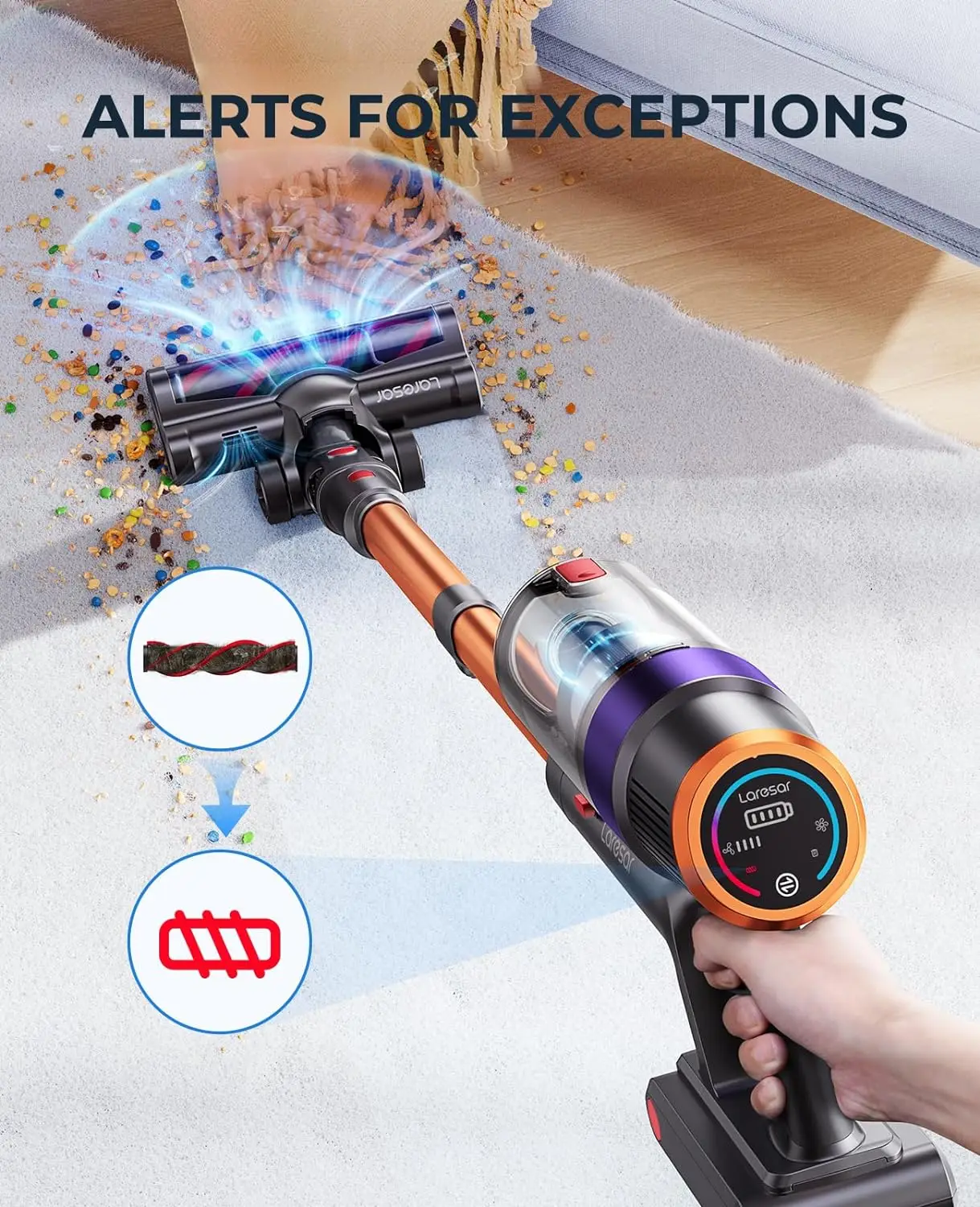 Laresar Elite 8 Cordless Vacuum Cleaner Handheld Home Appliance 450W Powerful smart home Touch Screen 55 Mins Detachable Battery