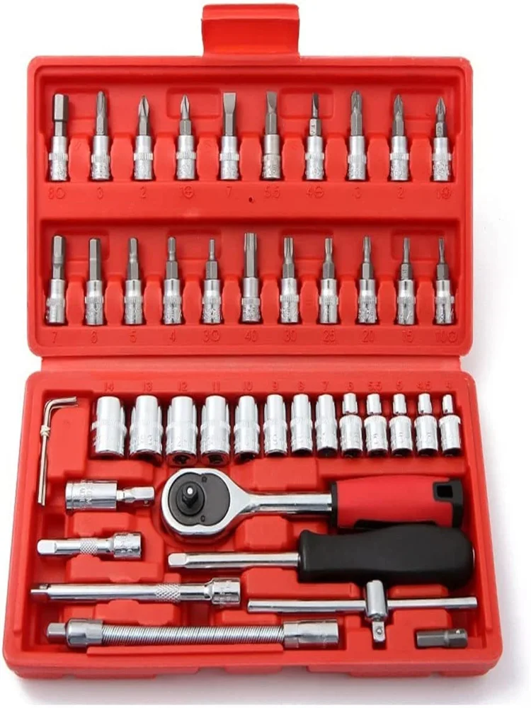 46 Pieces 1/4 Inch Drive Socket Ratchet Wrench Set Automobile Maintenance Tool Socket Wrench Combination Hardware Tool Car Tools