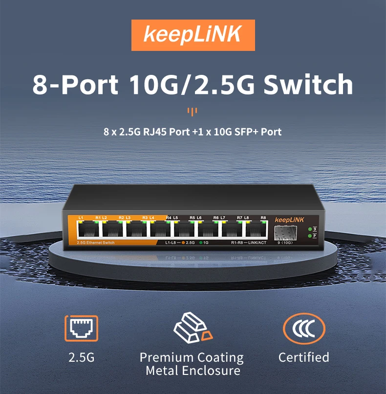 KeepLiNK 9-Port Multi-Gigabit Network Switch with 8-Port 2.5Gb Ethernet Copper and 2-10Gb SFP+ Uplink
