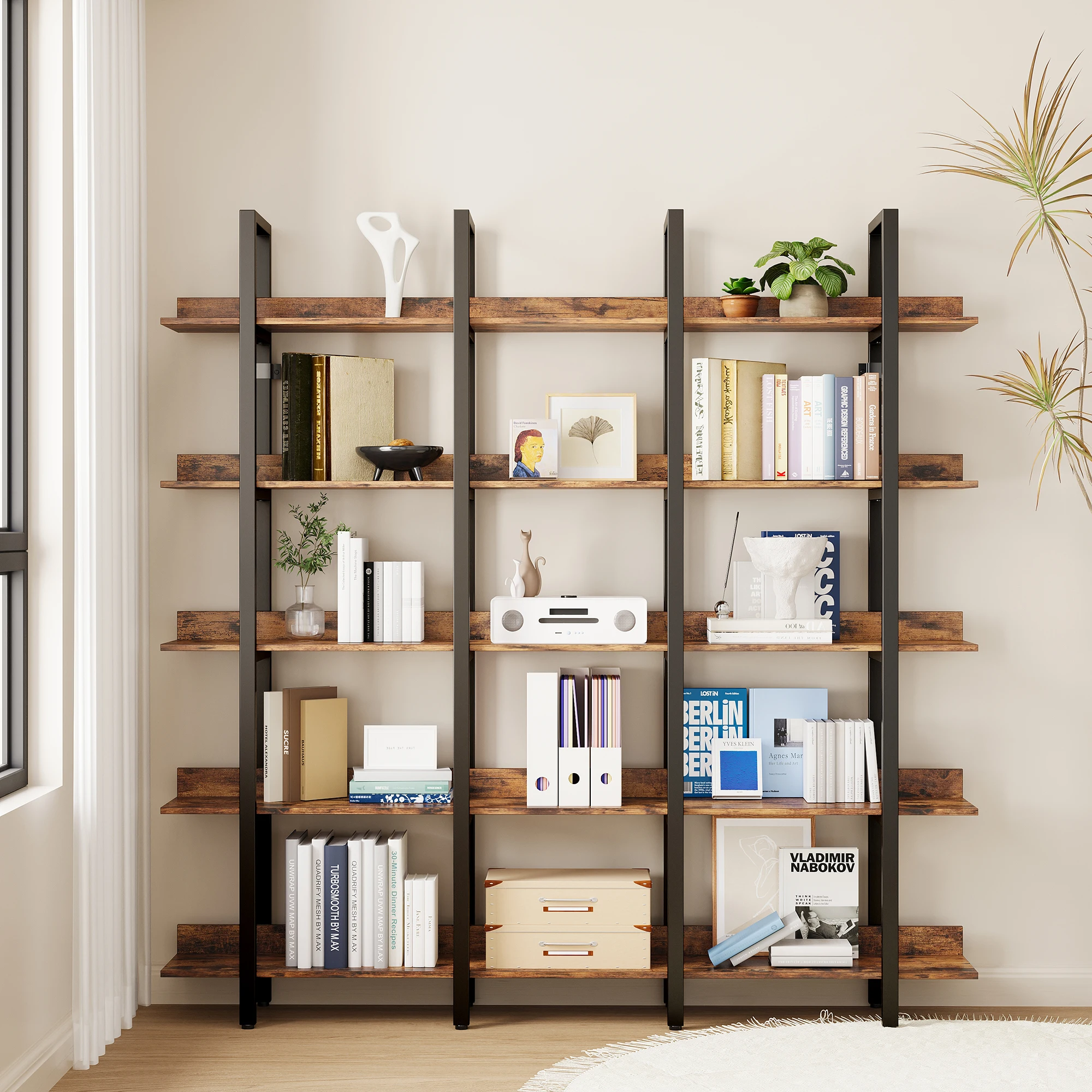 IRONCK Bookcase and Bookshelves Triple Wide 5 Tiers Large Open Shelves, Etagere Bookcases with Back Fence for Home Office Brown