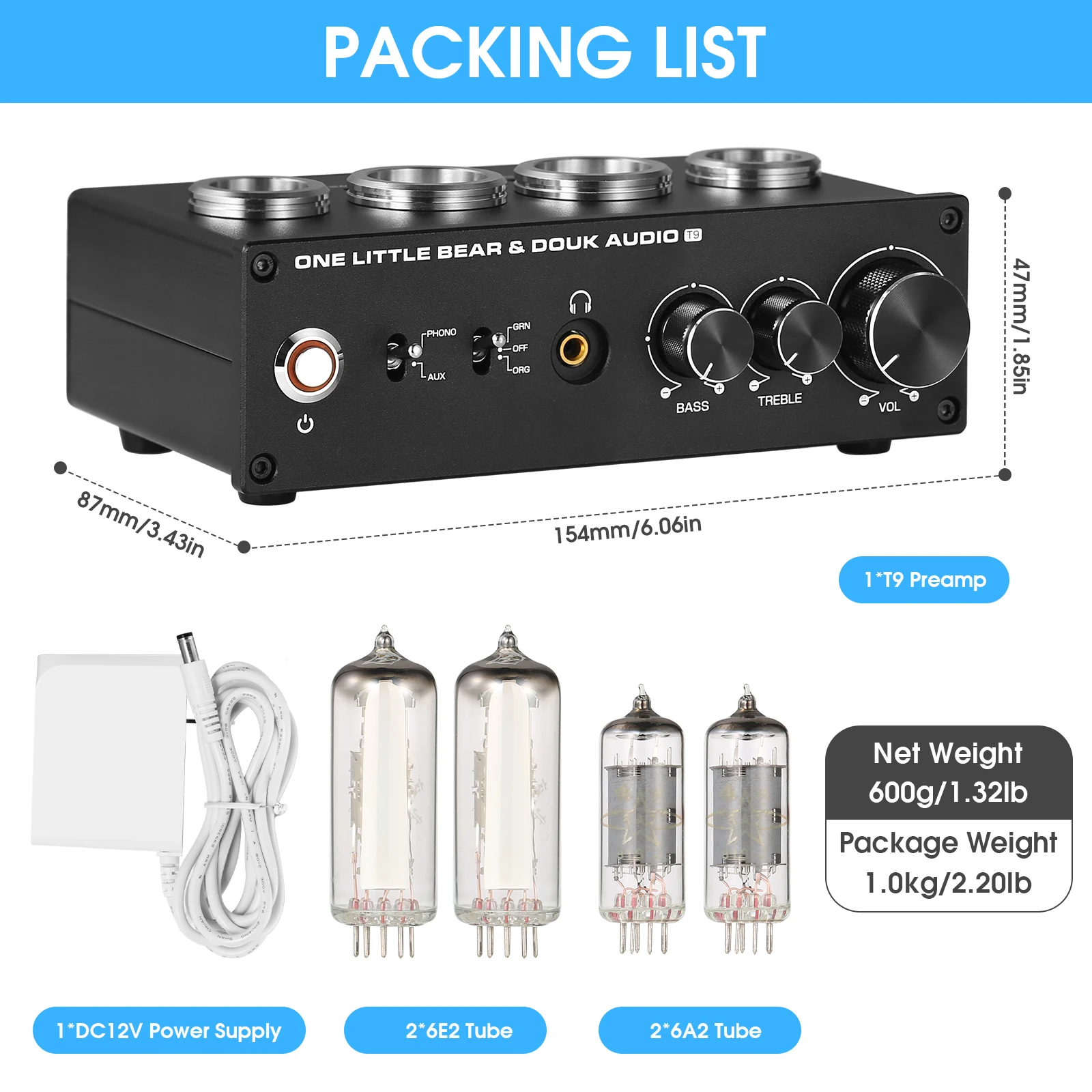 Nobsound T9 Mini 6E2 MM/MC Phono Stage Turntable Preamp HiFi Stereo Audio Vacuum Tube Preamplifier Dekstop Headphone Amp