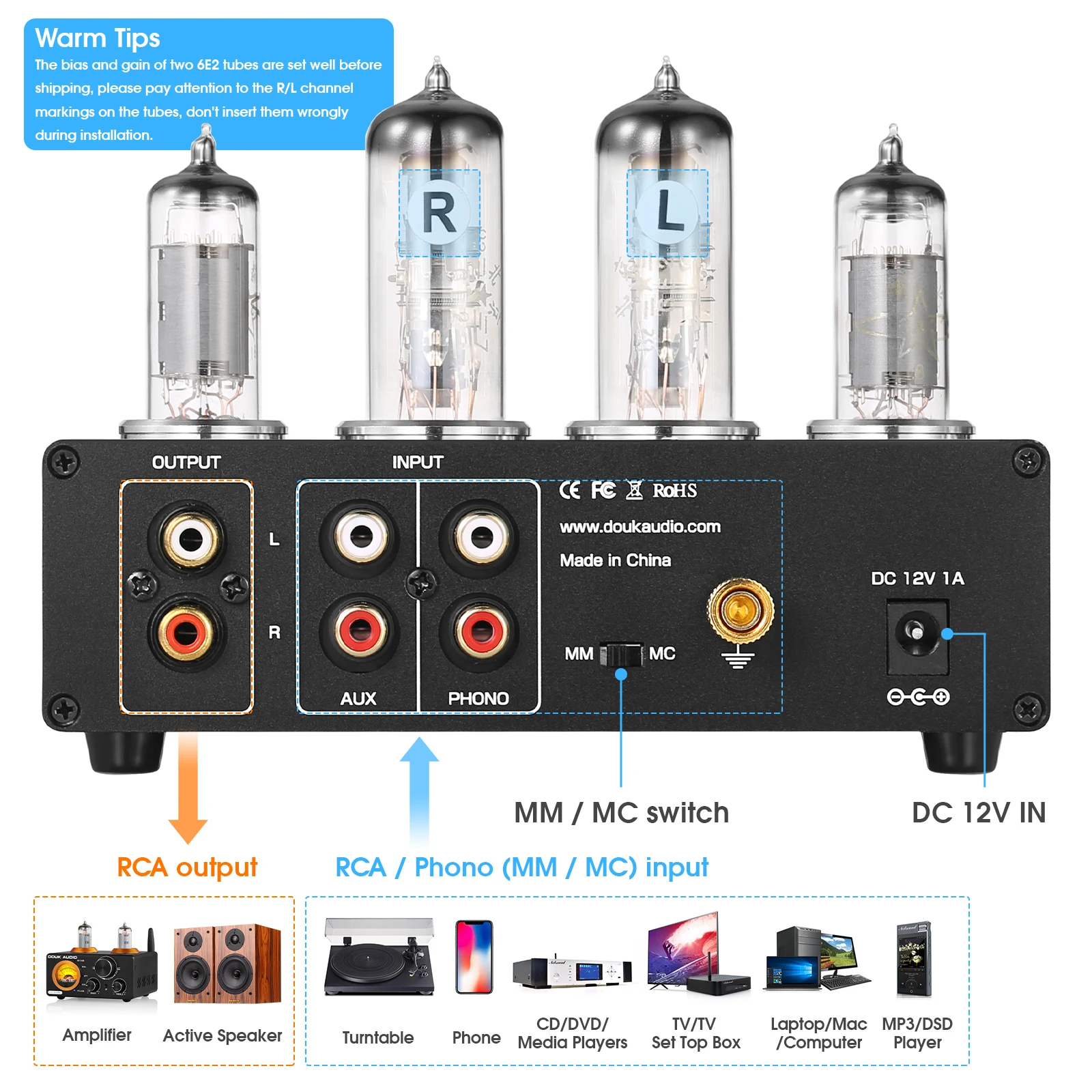 Nobsound T9 Mini 6E2 MM/MC Phono Stage Turntable Preamp HiFi Stereo Audio Vacuum Tube Preamplifier Dekstop Headphone Amp