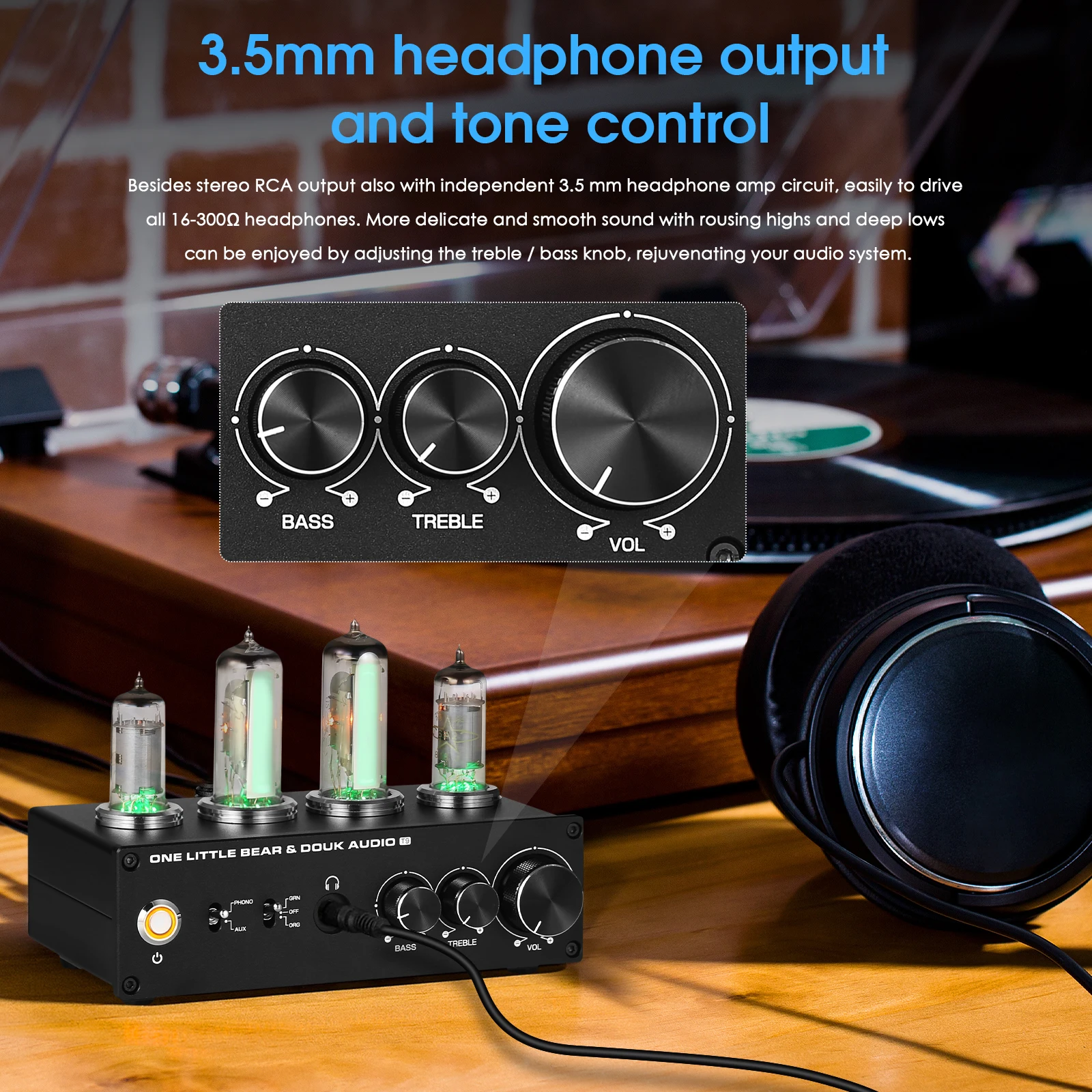 Nobsound T9 Mini 6E2 MM/MC Phono Stage Turntable Preamp HiFi Stereo Audio Vacuum Tube Preamplifier Dekstop Headphone Amp