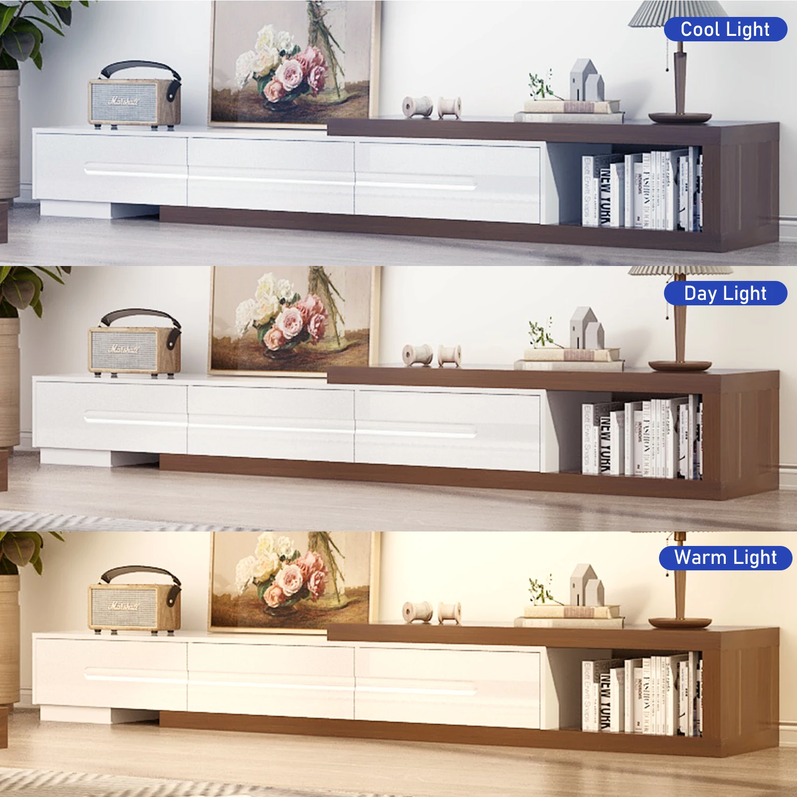 82-110'' Extendable TV Stand for Up to 120'TV, Wood Reversible TV Media Console W/3 Drawers & Open Storage Shelf for Living Room