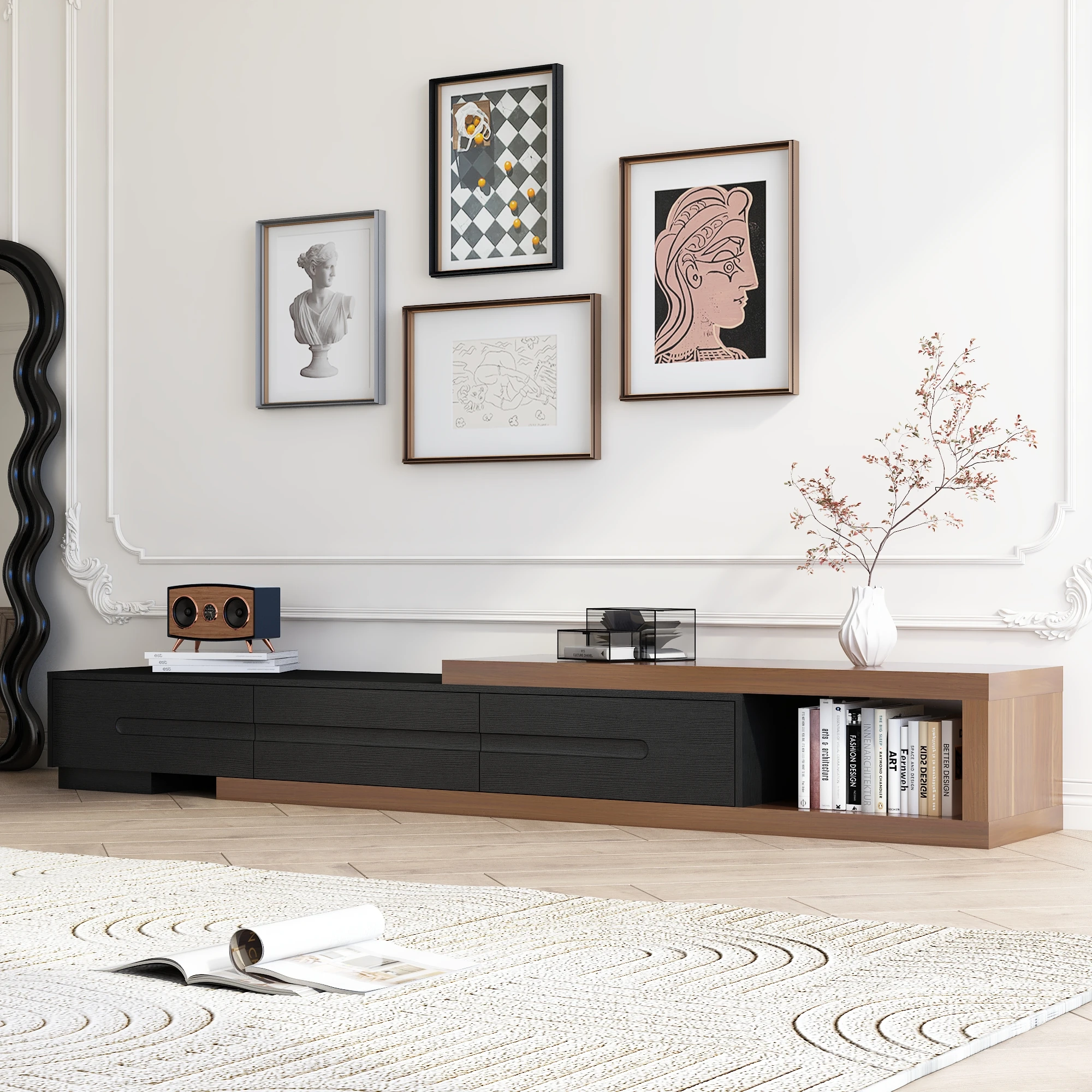 82-110'' Extendable TV Stand for Up to 120'TV, Wood Reversible TV Media Console W/3 Drawers & Open Storage Shelf for Living Room