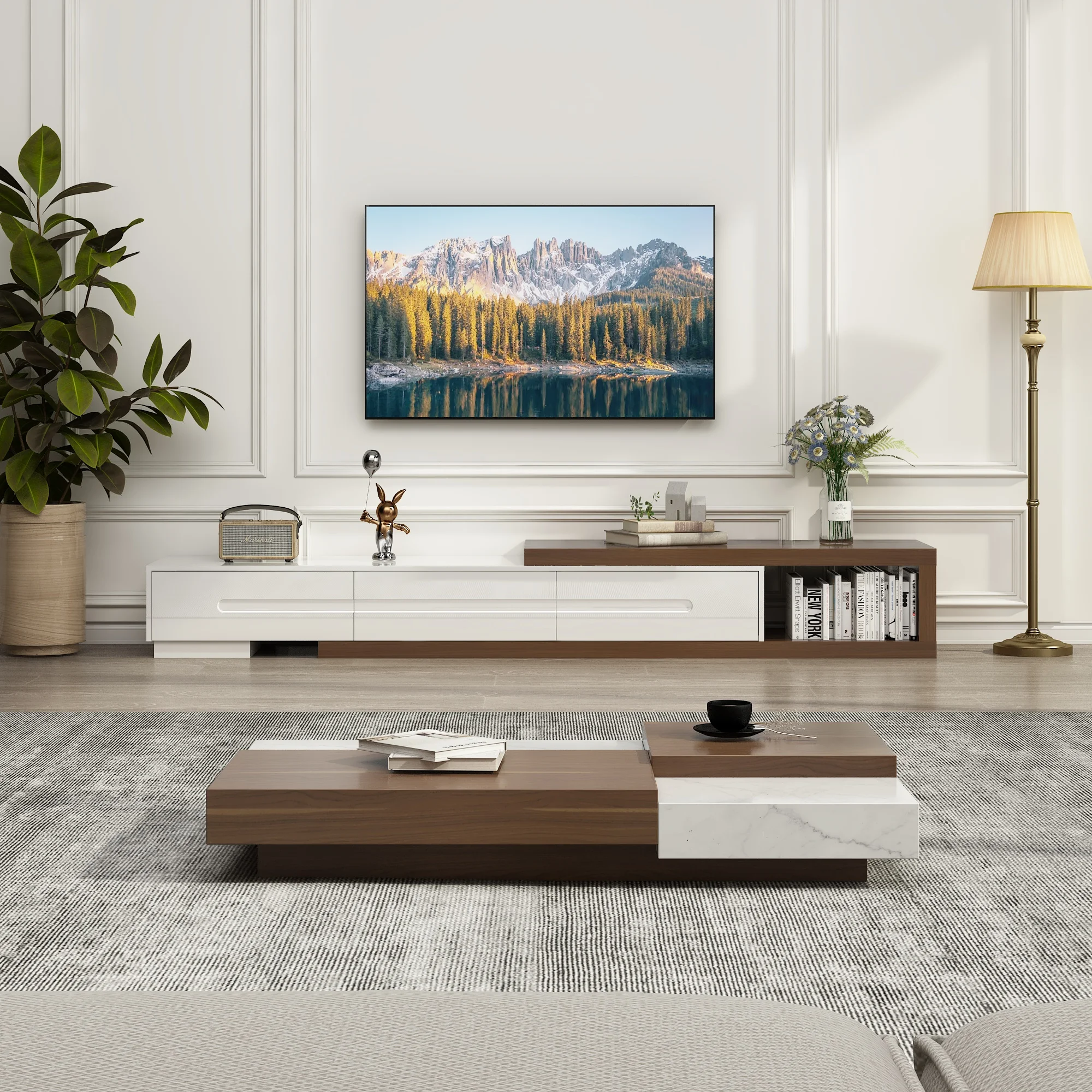 82-110'' Extendable TV Stand for Up to 120'TV, Wood Reversible TV Media Console W/3 Drawers & Open Storage Shelf for Living Room