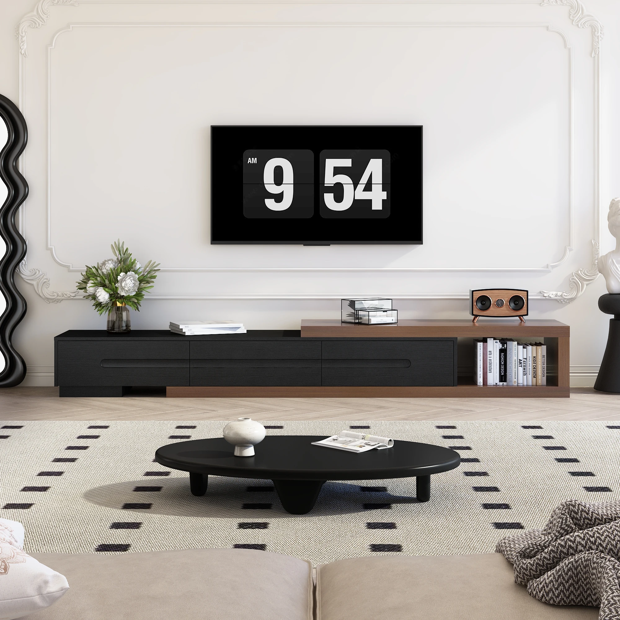 82-110'' Extendable TV Stand for Up to 120'TV, Wood Reversible TV Media Console W/3 Drawers & Open Storage Shelf for Living Room