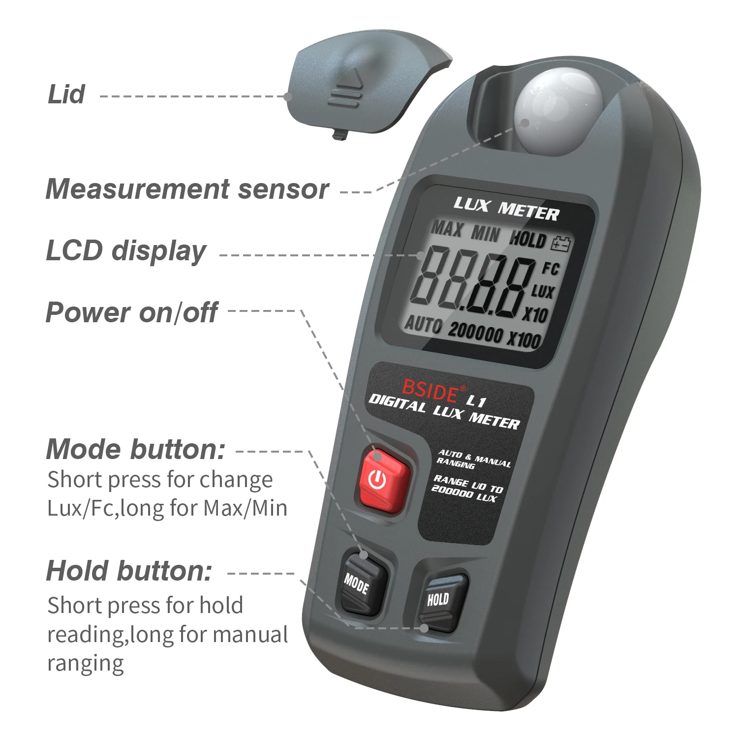 BSIDE Digital Lux Meter Illuminometer 0~200,000lux LCD Pocket Light Meter Lux/FC Measure Tester Sensor Photometer Luxmeter