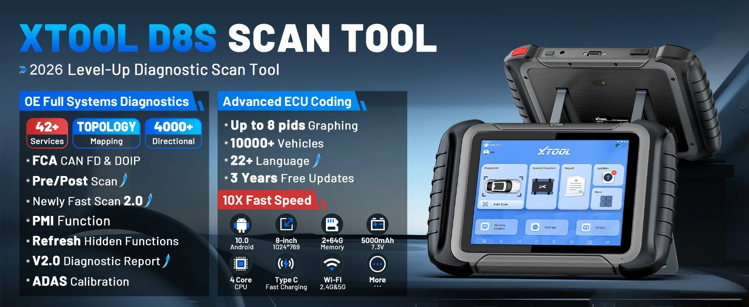 XTOOL D8S V2.0 Automotive Diagnostic Tool Online ECU Coding Topology Map Key Programming Car Scanner with 42+ Resets FCA CAN FD
