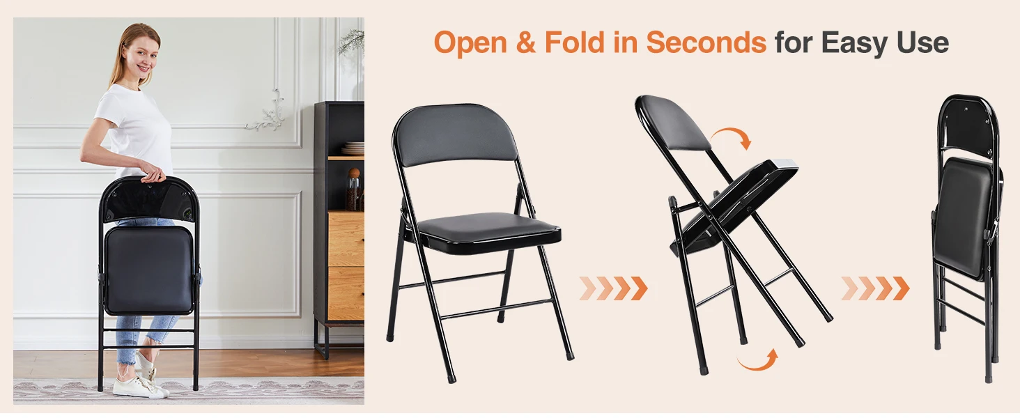 JHK Leather Padded Folding Chair 4 Pack Sturdy Metal Living Room Rocking Dinner Chairs Easy to Use Storage Outdoor Home Office