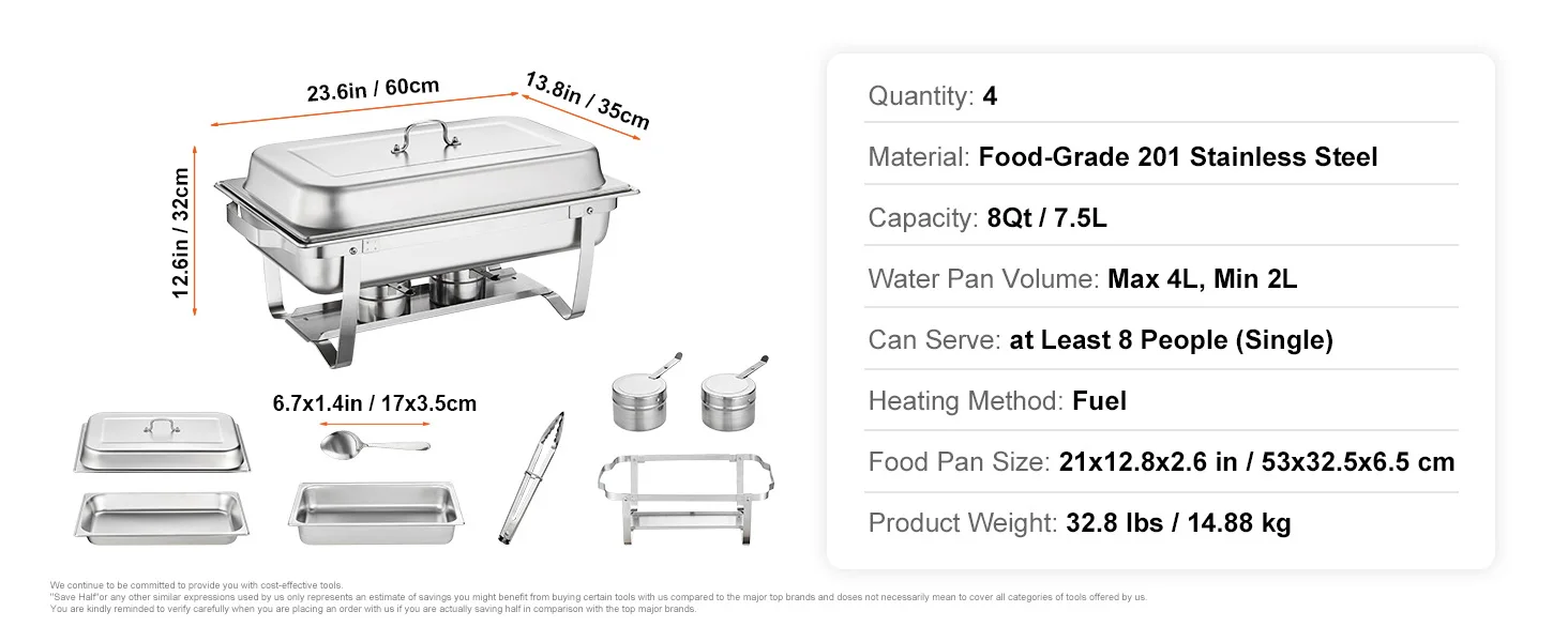 SucceBuy 8QT Rectangle Chafing Dish 2/4/6 Packs W/ Full Size Pans Buffet Catering Warmer Server Folding Stand Fuel Holder Tray