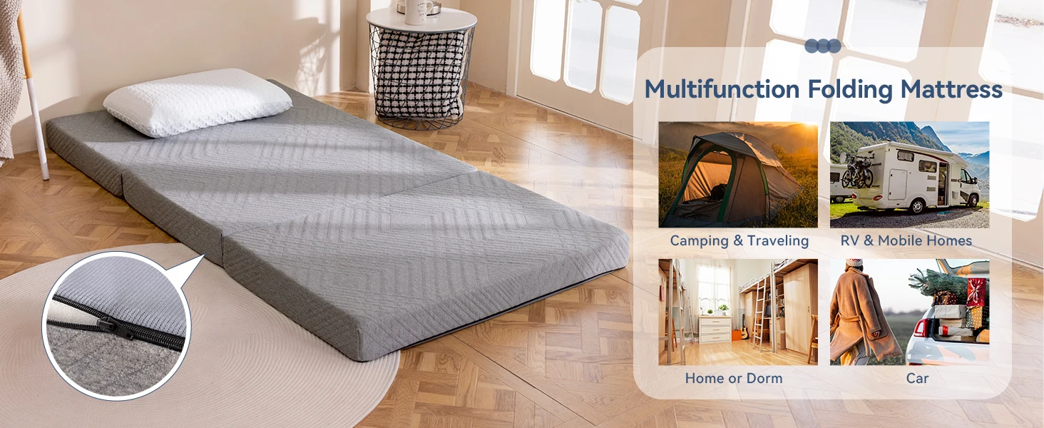 Hcore Folding Mattress, 4 Inch Foldable Memory Foam Mattress with Bag, Portable Mattress Topper for Floor, Camping, Guest