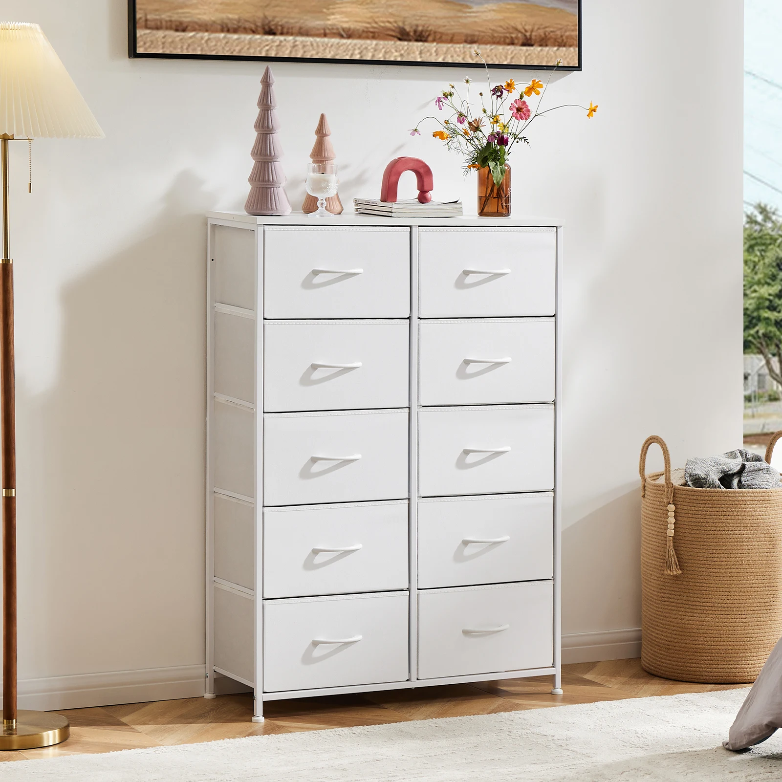 JHK Bedside Table For Bedroom With 10 Fabric Drawers Nightstand Storage Cabinet With Steel Frame Clothes Storage Display Cabinet