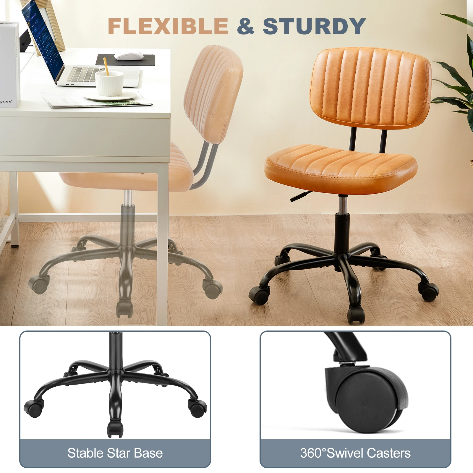 JHK Armless Office Desk Chair Back Lumbar Support Height Adjustable PU Leather Computer Chair with 360° Swivel Rolling Wheels