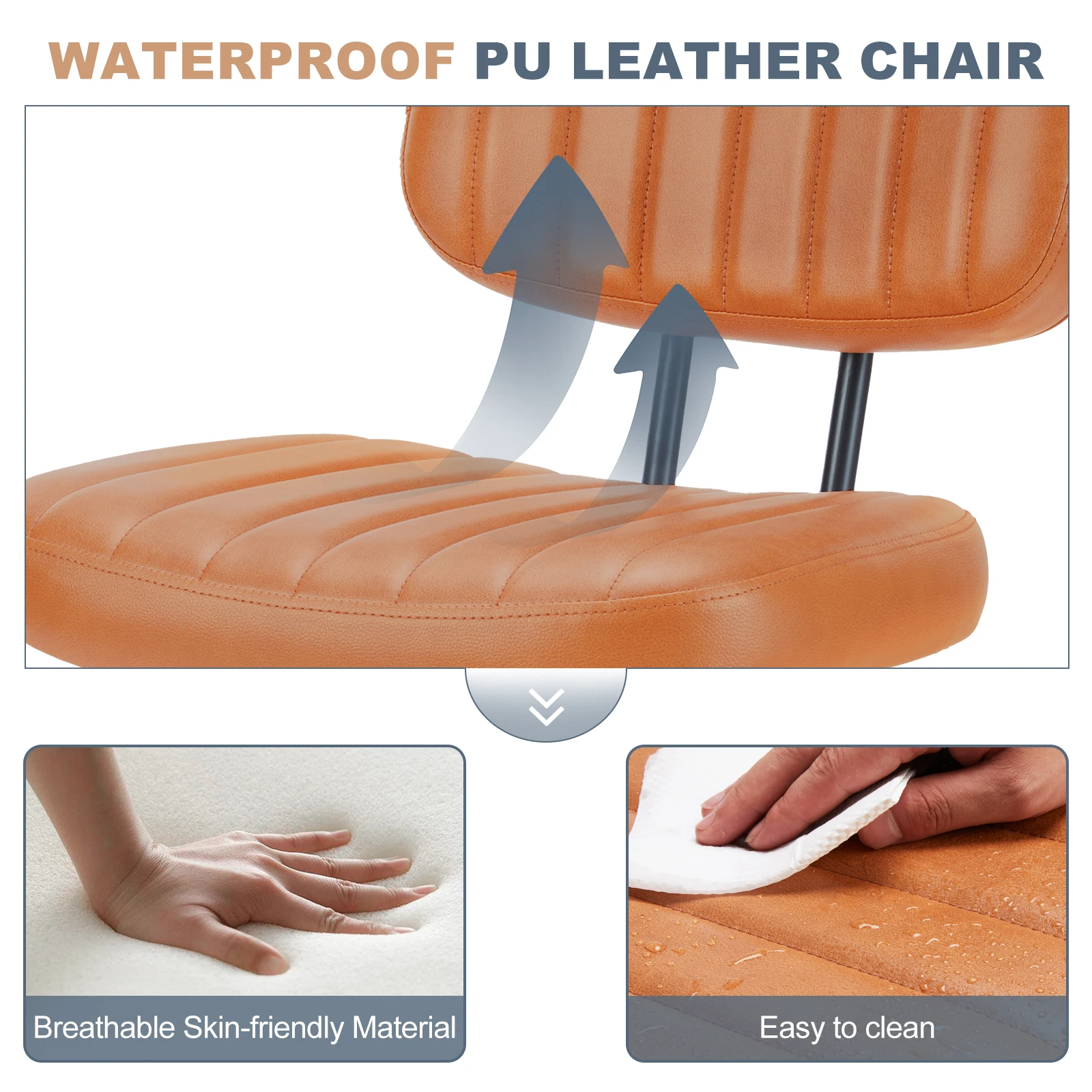 JHK Armless Office Desk Chair Back Lumbar Support Height Adjustable PU Leather Computer Chair with 360° Swivel Rolling Wheels