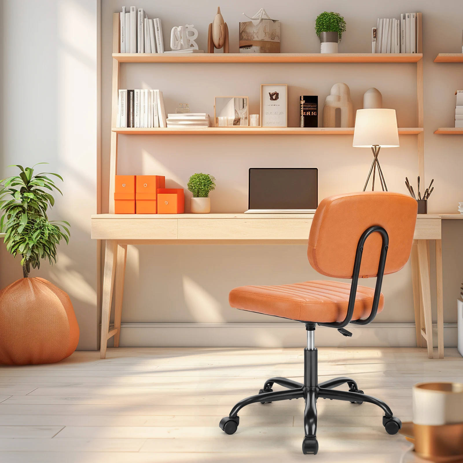 JHK Armless Office Desk Chair Back Lumbar Support Height Adjustable PU Leather Computer Chair with 360° Swivel Rolling Wheels
