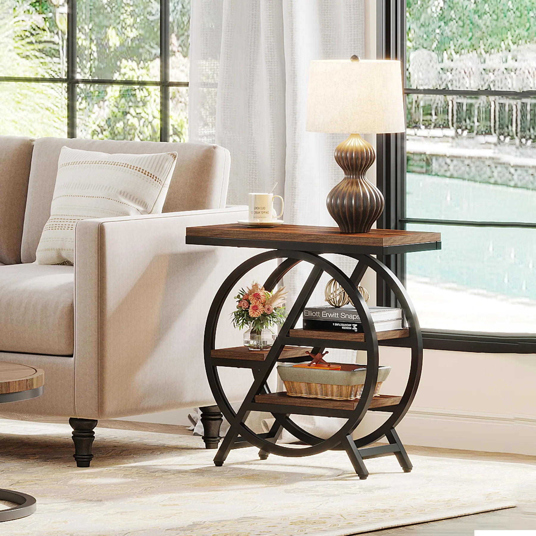 Tribesigns End Table, Narrow End Table with 3 Storage Shelves, Wooden Side Table, Industrial Small Sofa Side Table