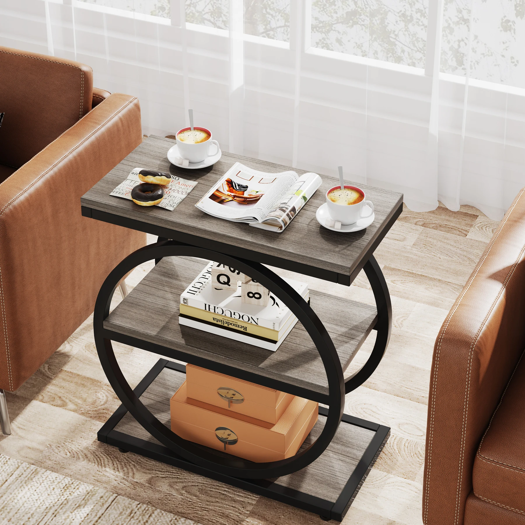 Tribesigns End Table, Narrow End Table with 3 Storage Shelves, Wooden Side Table, Industrial Small Sofa Side Table