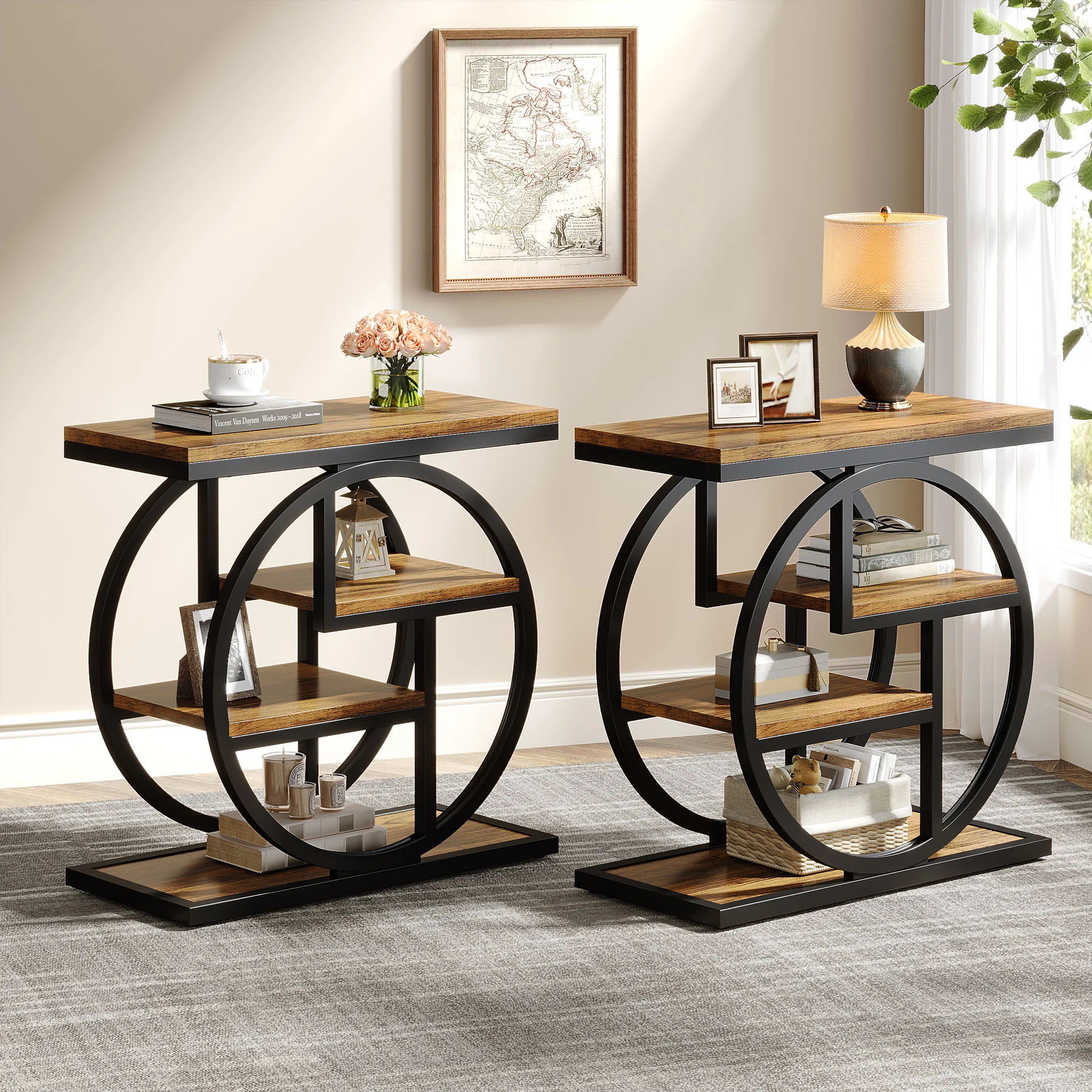Tribesigns End Table, Narrow End Table with 3 Storage Shelves, Wooden Side Table, Industrial Small Sofa Side Table
