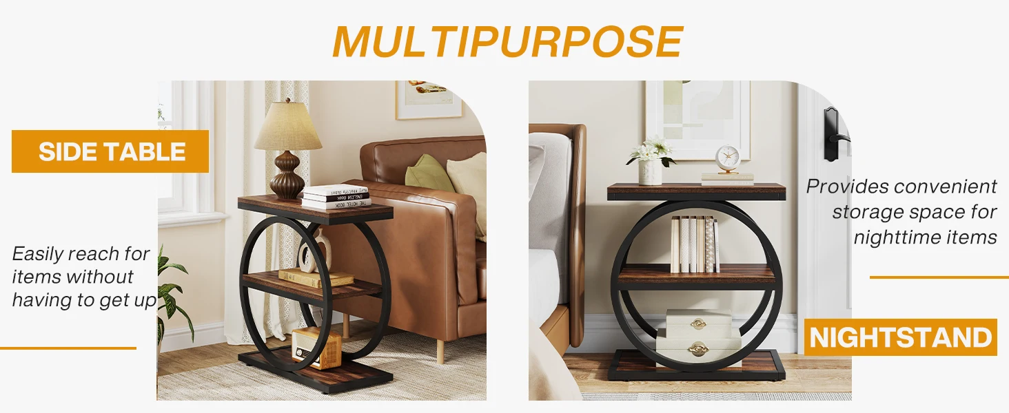 Tribesigns End Table, Narrow End Table with 3 Storage Shelves, Wooden Side Table, Industrial Small Sofa Side Table