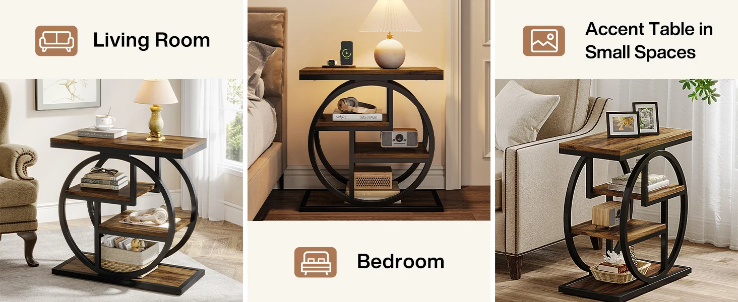Tribesigns End Table, Narrow End Table with 3 Storage Shelves, Wooden Side Table, Industrial Small Sofa Side Table