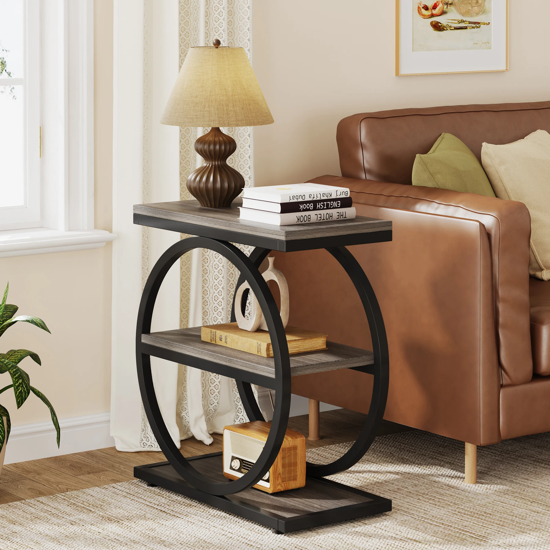 Tribesigns End Table, Narrow End Table with 3 Storage Shelves, Wooden Side Table, Industrial Small Sofa Side Table