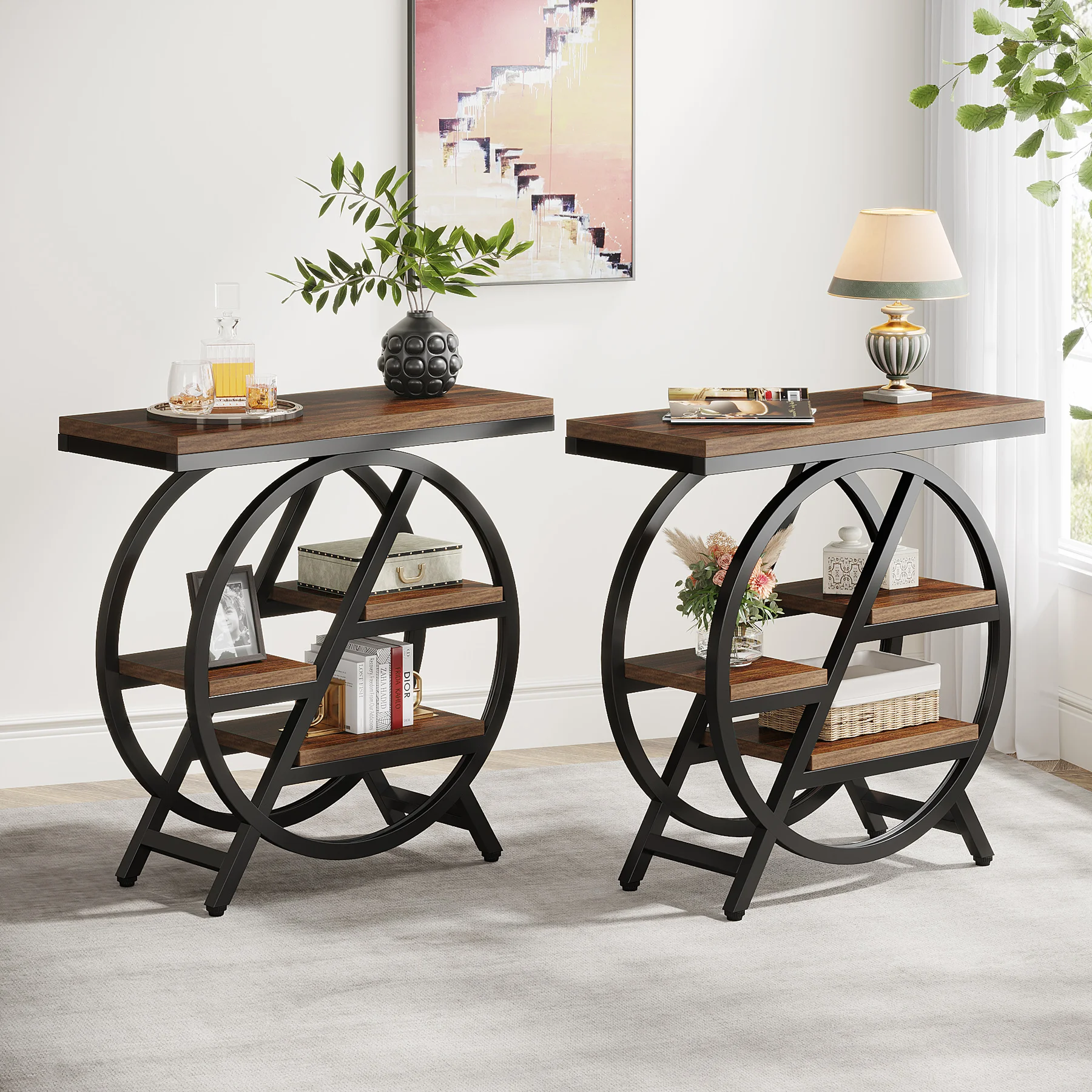 Tribesigns End Table, Narrow End Table with 3 Storage Shelves, Wooden Side Table, Industrial Small Sofa Side Table