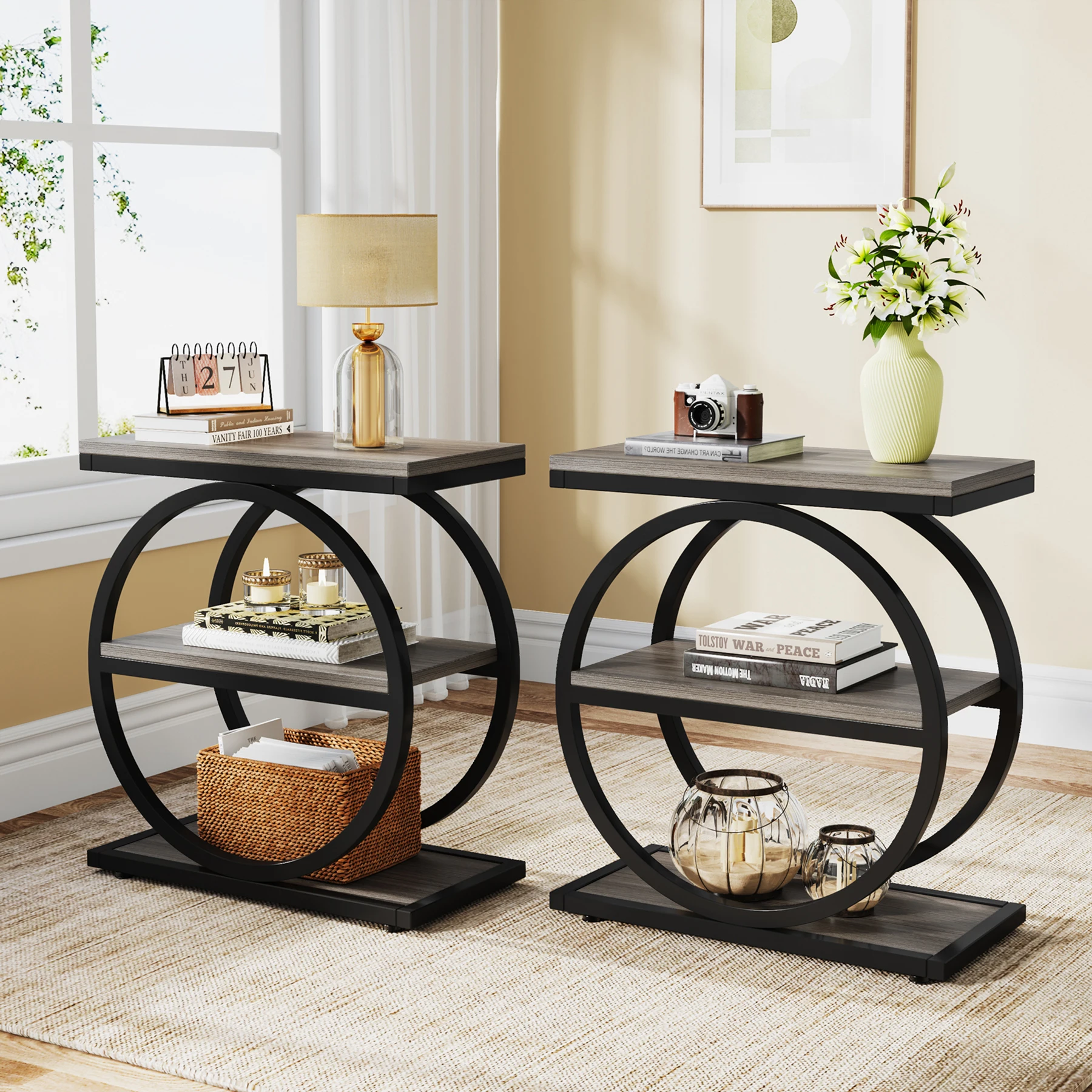 Tribesigns End Table, Narrow End Table with 3 Storage Shelves, Wooden Side Table, Industrial Small Sofa Side Table