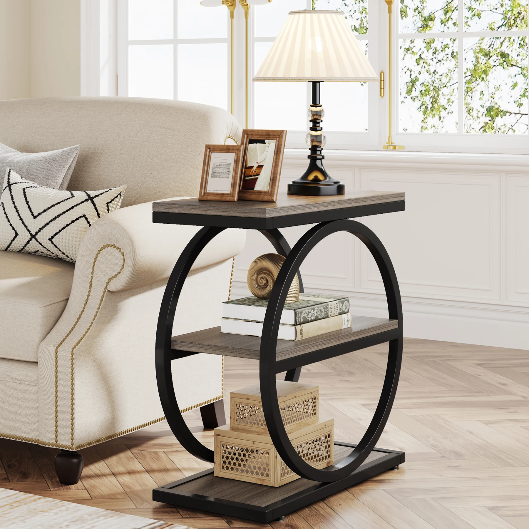 Tribesigns End Table, Narrow End Table with 3 Storage Shelves, Wooden Side Table, Industrial Small Sofa Side Table