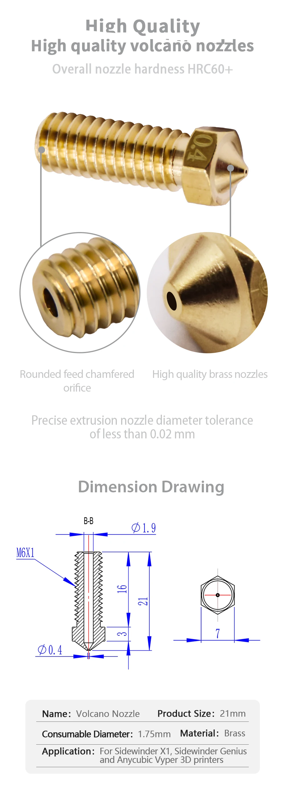 Volcano Nozzle For Artillery Sidewinder X1& X2 Genius Pro, Anycubic Vyper Kobra Plus/Max, Voron M6 Thread Hotend Brass Nozzles