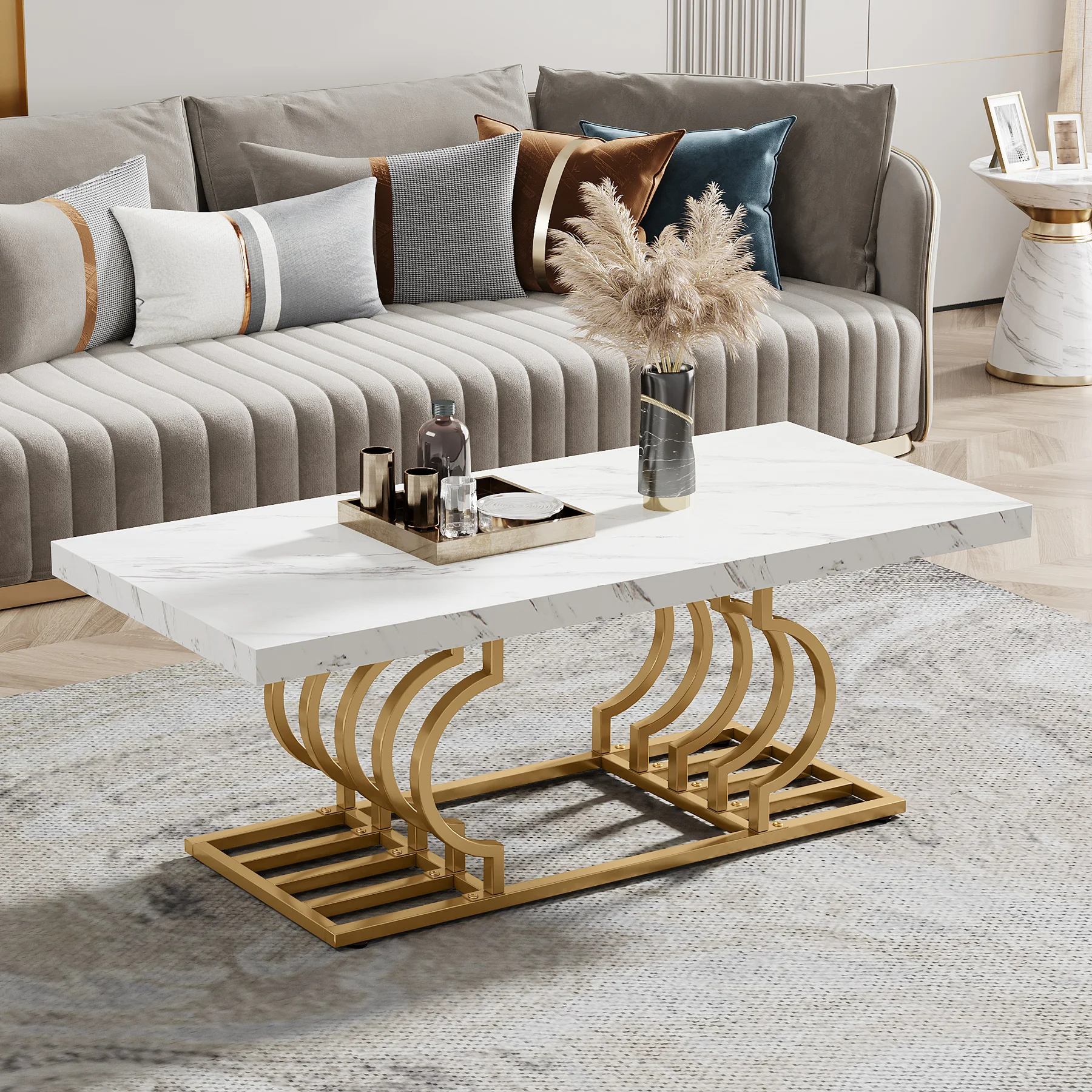 Tribesigns Rectangle Coffee Table, 47.24-inch Modern Coffee Tables for Living Room, 2-Tier Faux Marble Wood Coffee Table