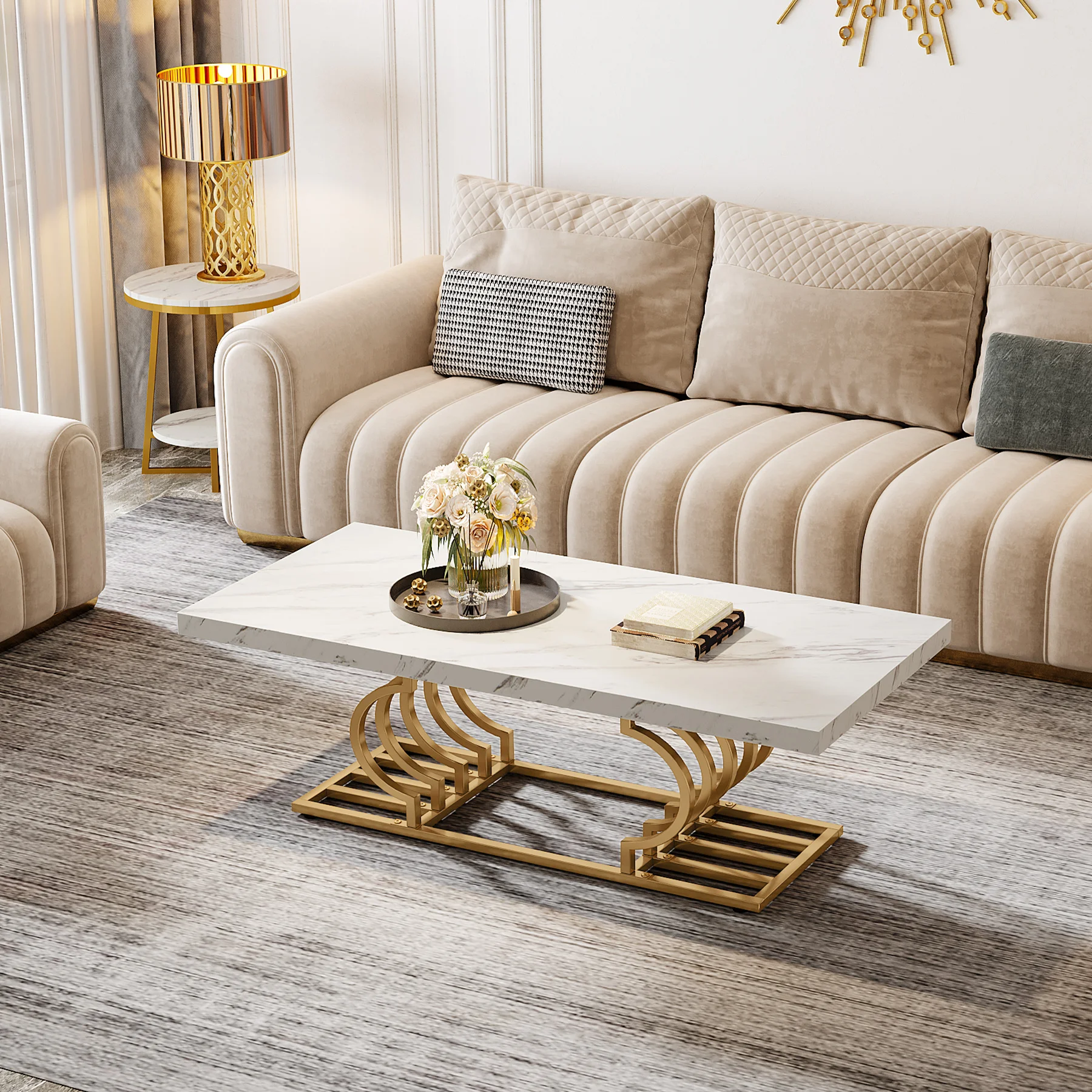 Tribesigns Rectangle Coffee Table, 47.24-inch Modern Coffee Tables for Living Room, 2-Tier Faux Marble Wood Coffee Table