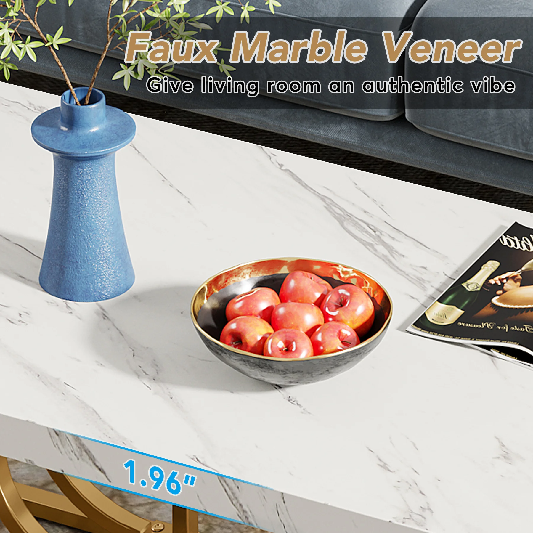 Tribesigns Rectangle Coffee Table, 47.24-inch Modern Coffee Tables for Living Room, 2-Tier Faux Marble Wood Coffee Table